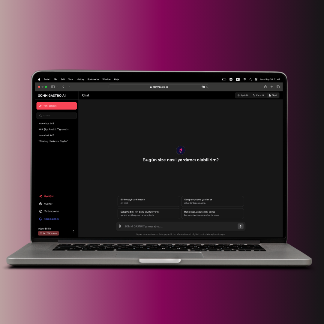 Laptop screen displaying a chatbot interface with a gradient background. The interface shows a chat section with a question "How can I help you today?" in Turkish. It includes various options and a sidebar menu in the browser window.