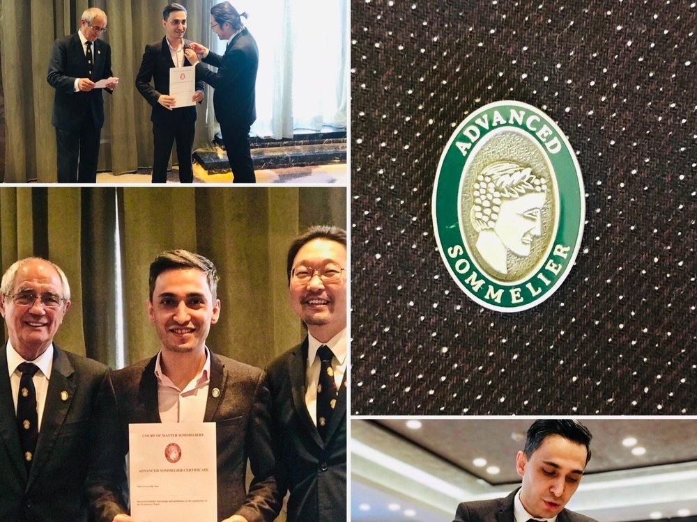 Collage of an advanced sommelier ceremony. A person receiving a pin and holding a certificate, posing with two others, and a close-up of the sommelier pin.