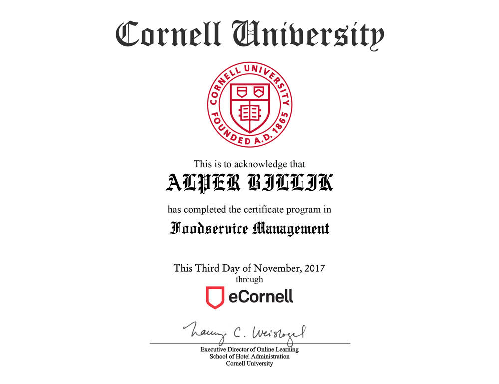 Certification from Cornell University awarded for completing a program in Foodservice Management, dated November 3, 2017, under eCornell.