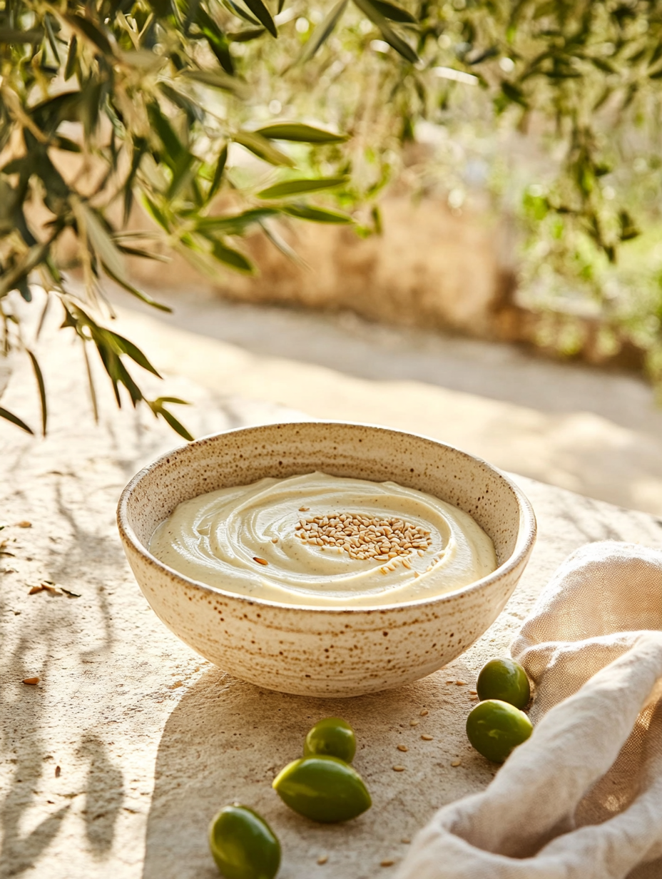 A bowl of creamy hummus topped with sesame seeds, placed on a textured surface with green olives and a cloth nearby, outdoors with greenery in the background.