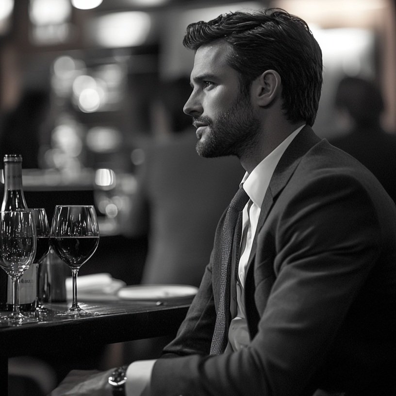 Man in suit at a restaurant with wine