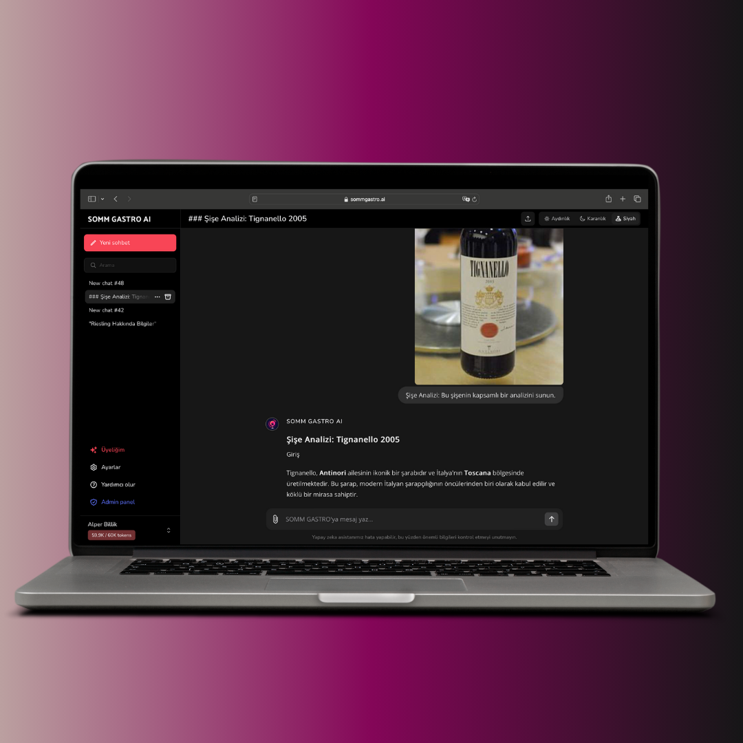 Laptop displaying SOMM GASTRO AI page about Tignanello 2005 wine.