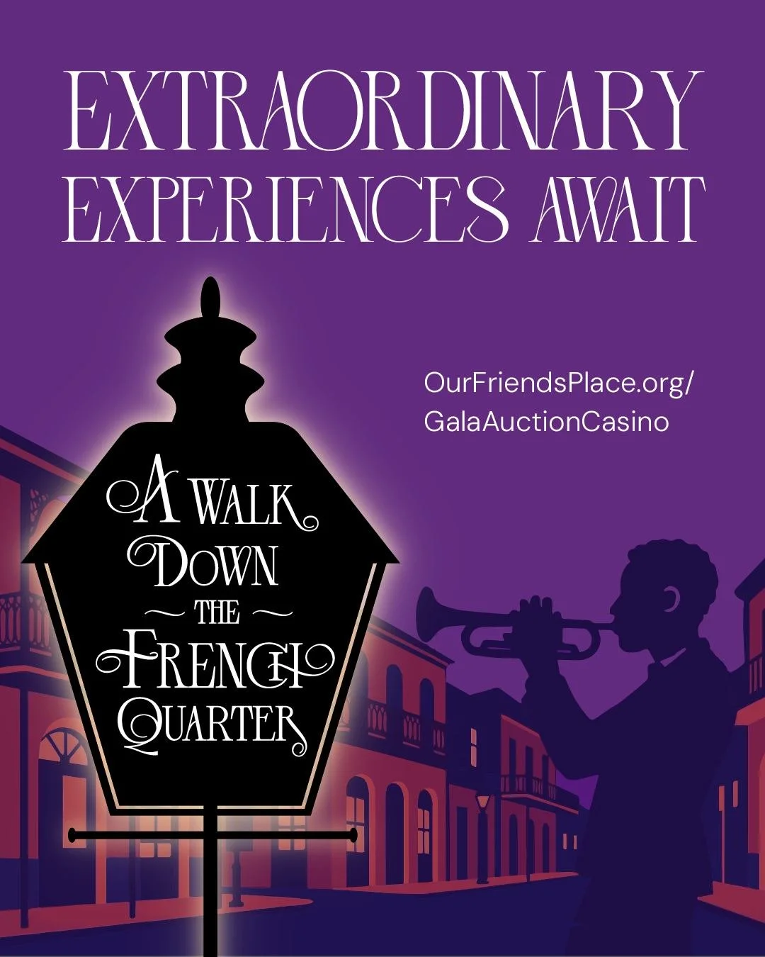 ✨ An Evening of Extraordinary Experiences Awaits ✨

The Our Friends Place Gala will feature both live and silent auctions with exclusive, one-of-a-kind packages you won&rsquo;t want to miss:

🎶 A Taste of the Big Easy &mdash; A luxurious New Orleans
