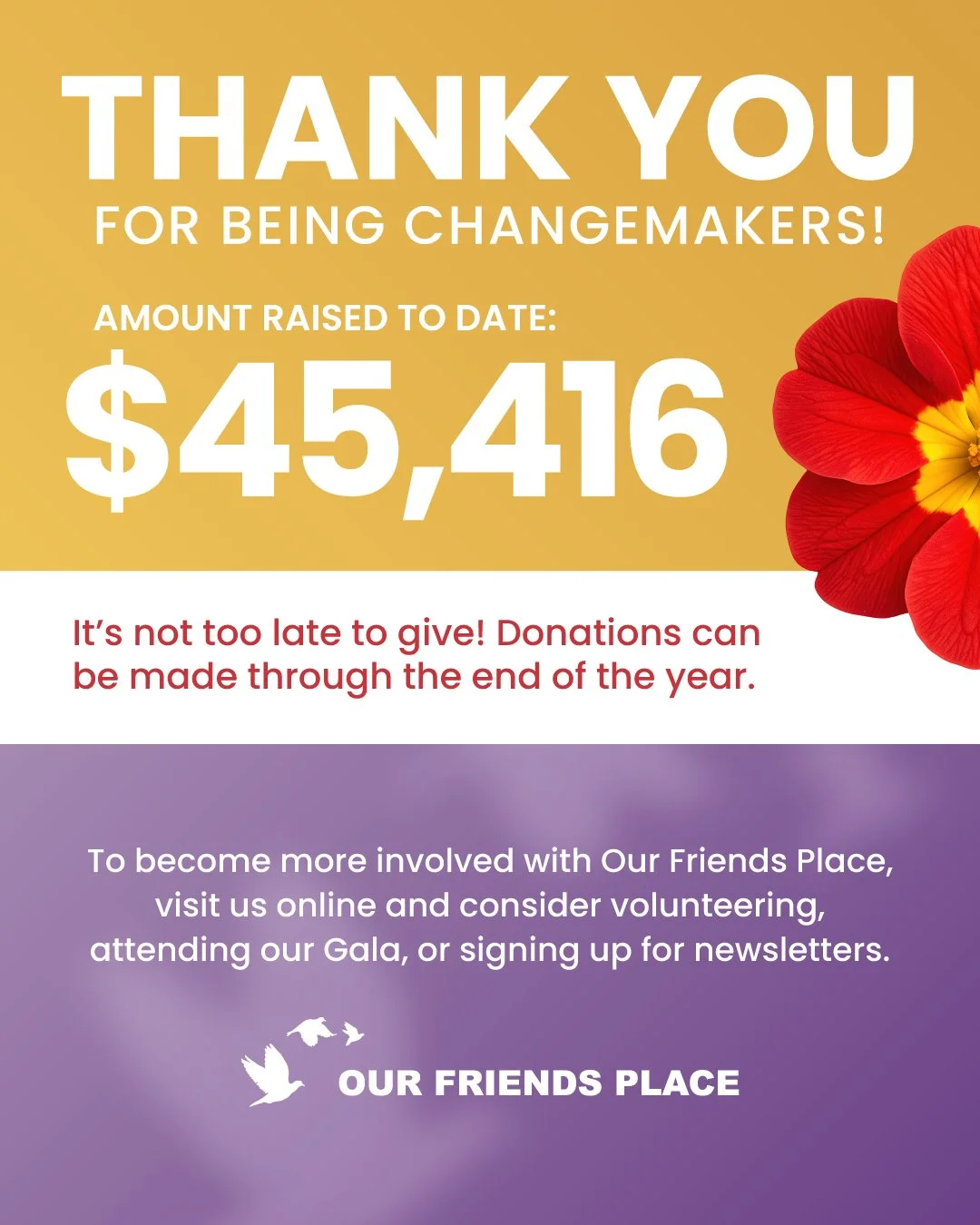 🌟 Thank You, Changemakers! 🌟

Because of your generosity, Our Friends Place raised an incredible $45,416 on North Texas Giving Day! 

Your support helps us empower young women to break the cycle of homelessness and thrive. And guess what? It&rsquo;