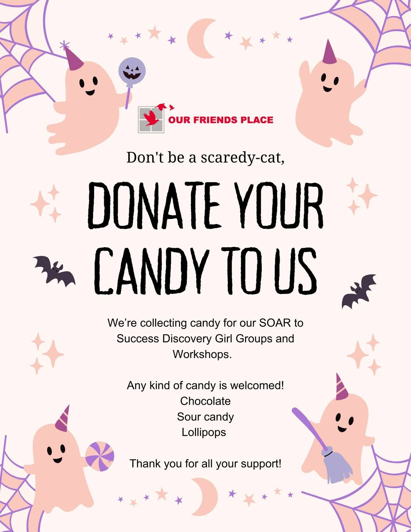 🍬 Sweet Support for Our SOAR Students! 🍭

Whether it&rsquo;s leftover treats you don&rsquo;t want or candy you grabbed on sale, we&rsquo;d love your help stocking up for our SOAR program! Donations of individually wrapped candy go a long way in add