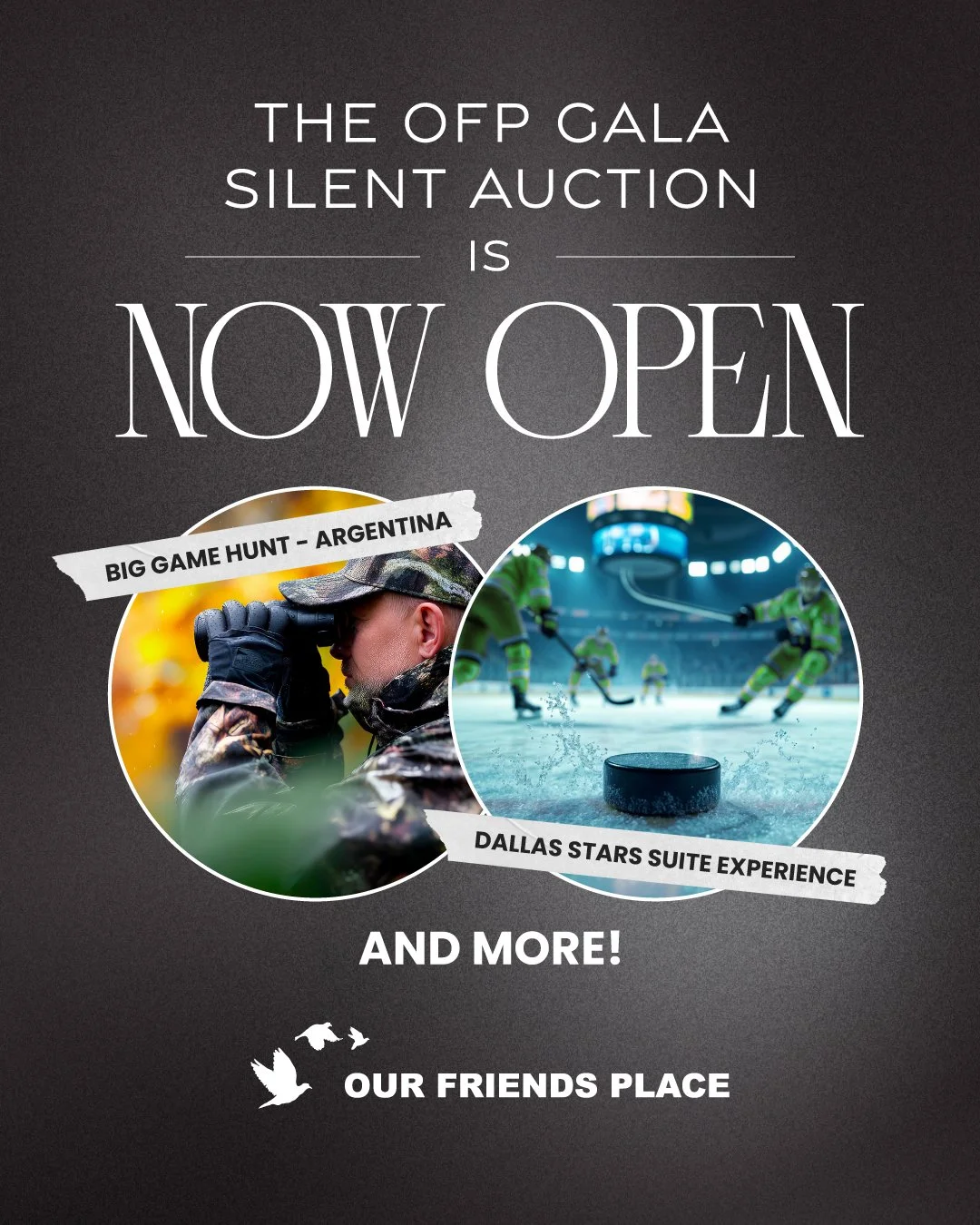 💜 The OFP Gala Silent Auction Is Now Open!

You don&rsquo;t have to attend the gala to join in on the fun and win big! 🎉

From unforgettable experiences like a Big Game Hunt in Argentina to a night of luxury in a suite at a Dallas Stars game, there