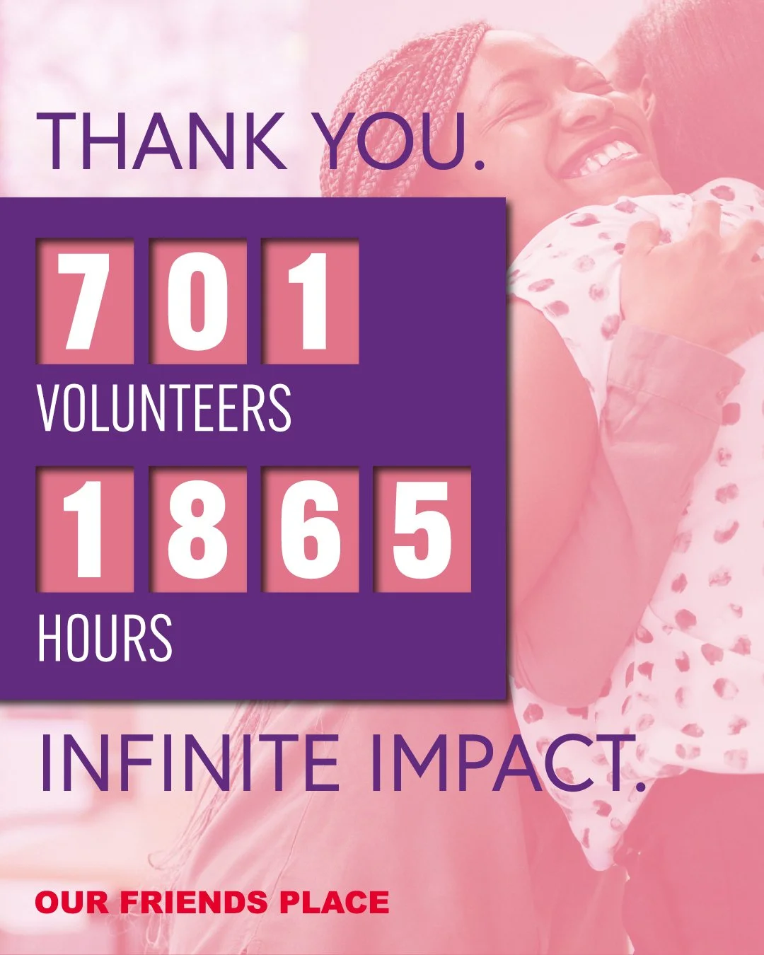 💜 We couldn&rsquo;t do this work without you.

Every transformation at Our Friends Place is powered by a giving community that shows up &mdash; with time, skills, compassion and generosity.

This year, 701 volunteers gave 1,865 hours of support to y