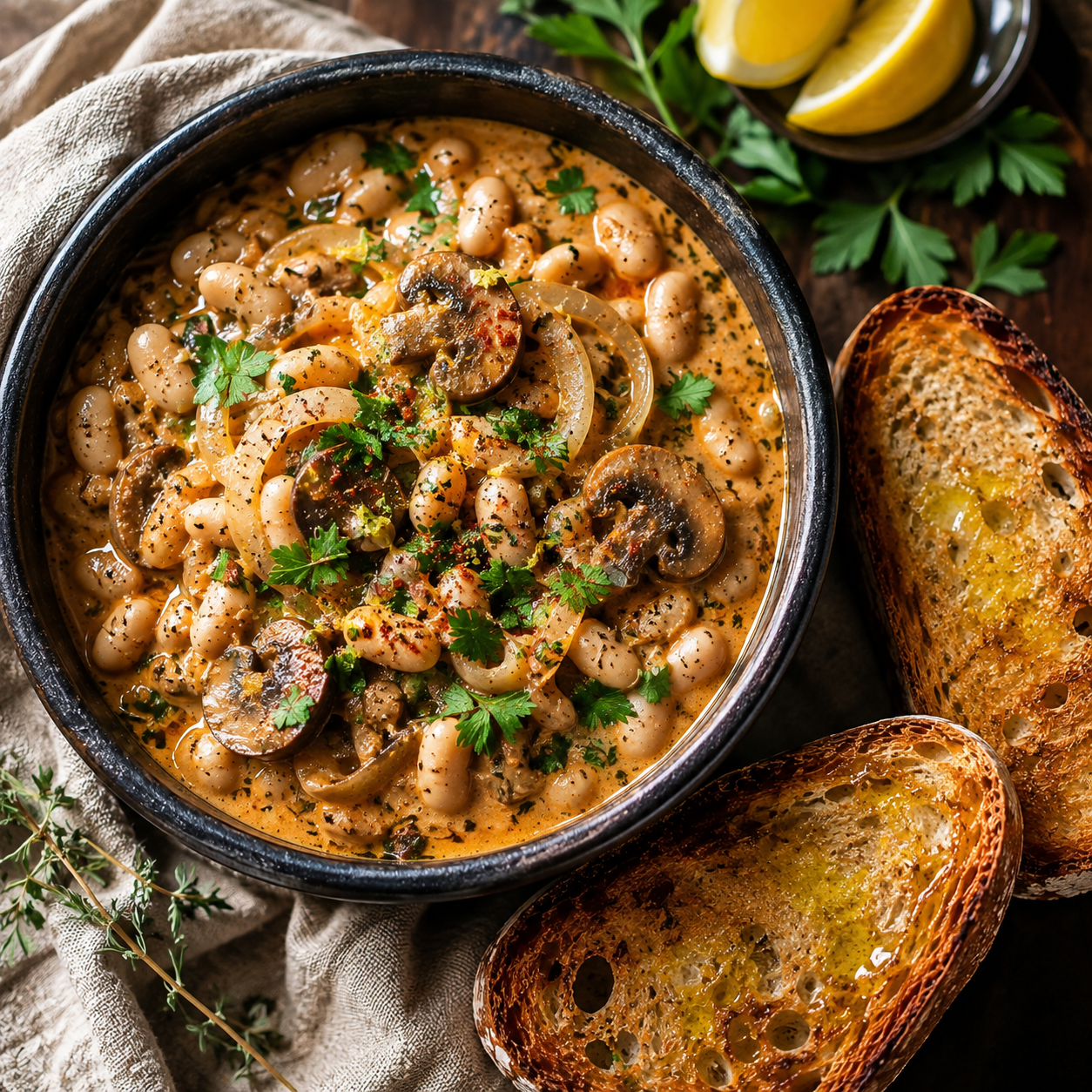 Creamy Garlic-Herb Mushrooms &amp; Cannellini Beans with Sourdough