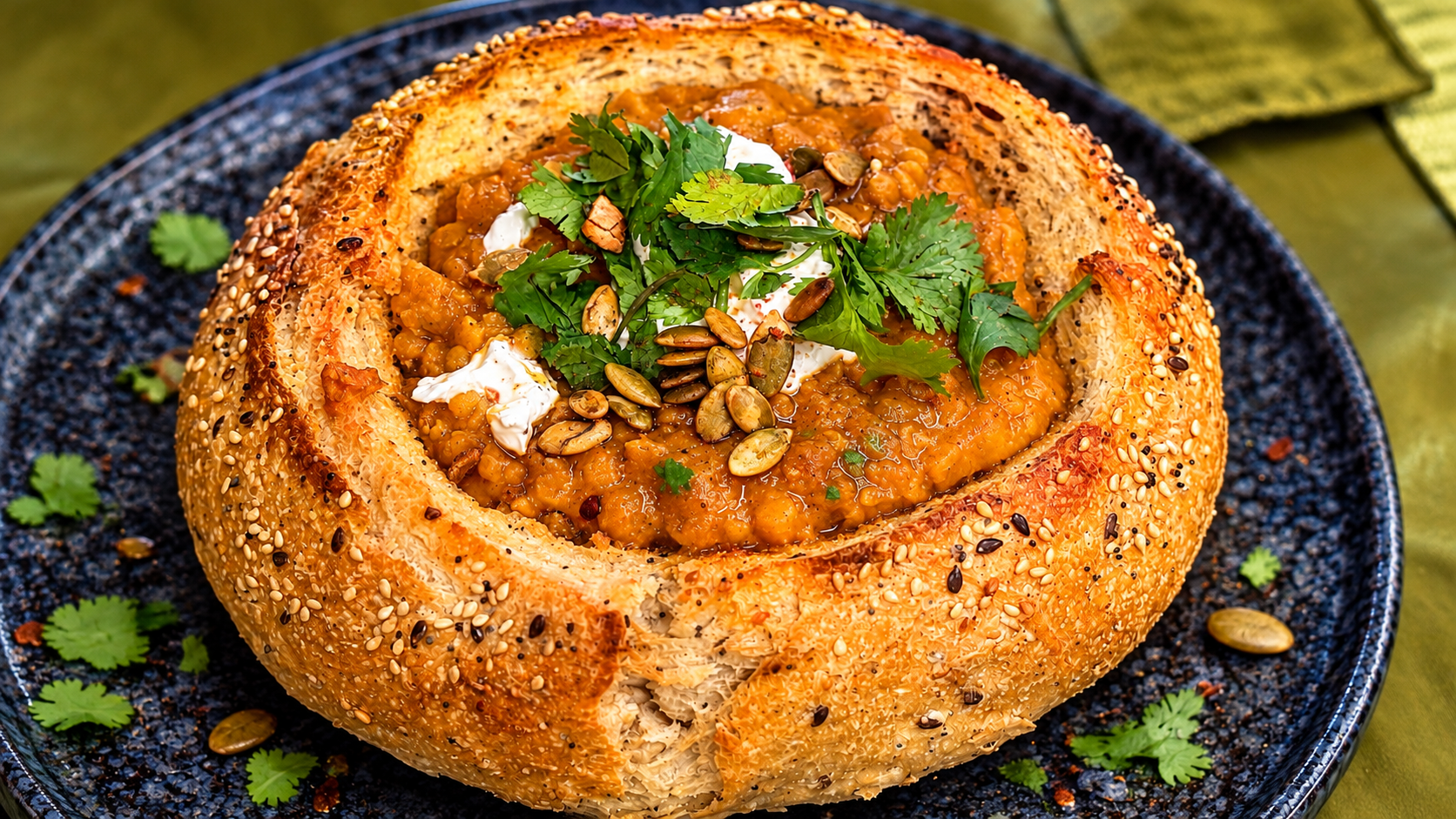 Curried Pumpkin &amp; Red Lentil Soup in a Toasted Bread Bowl 🍂