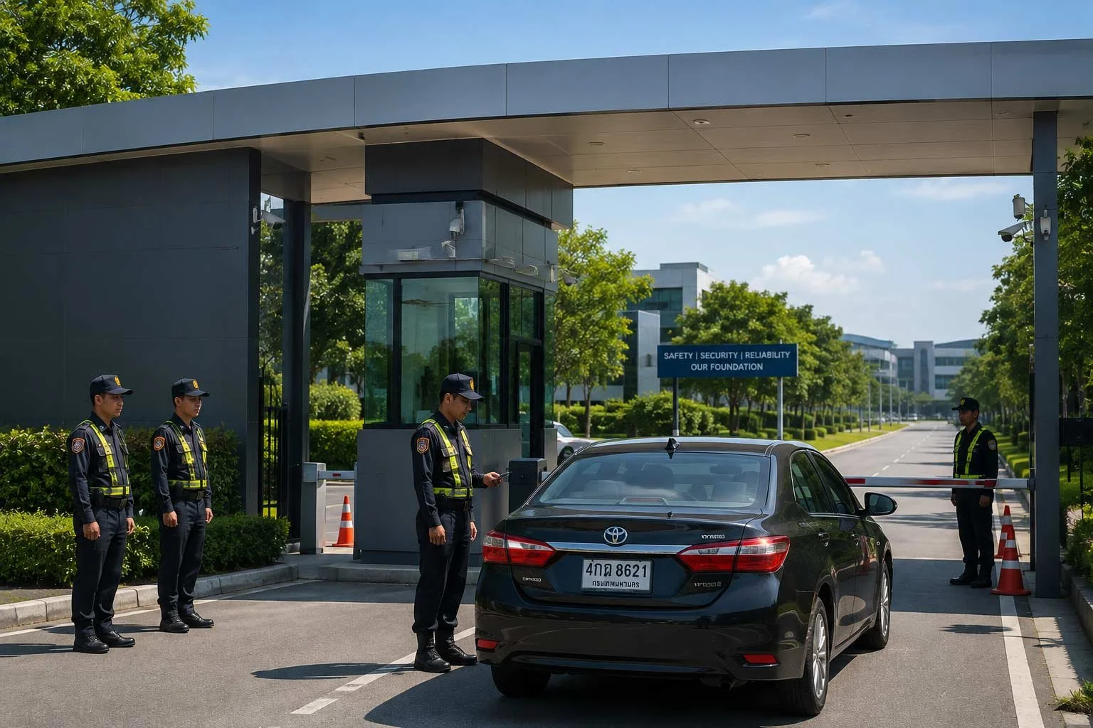 Four security guards at a gated entrance to Silicon Tech Park
