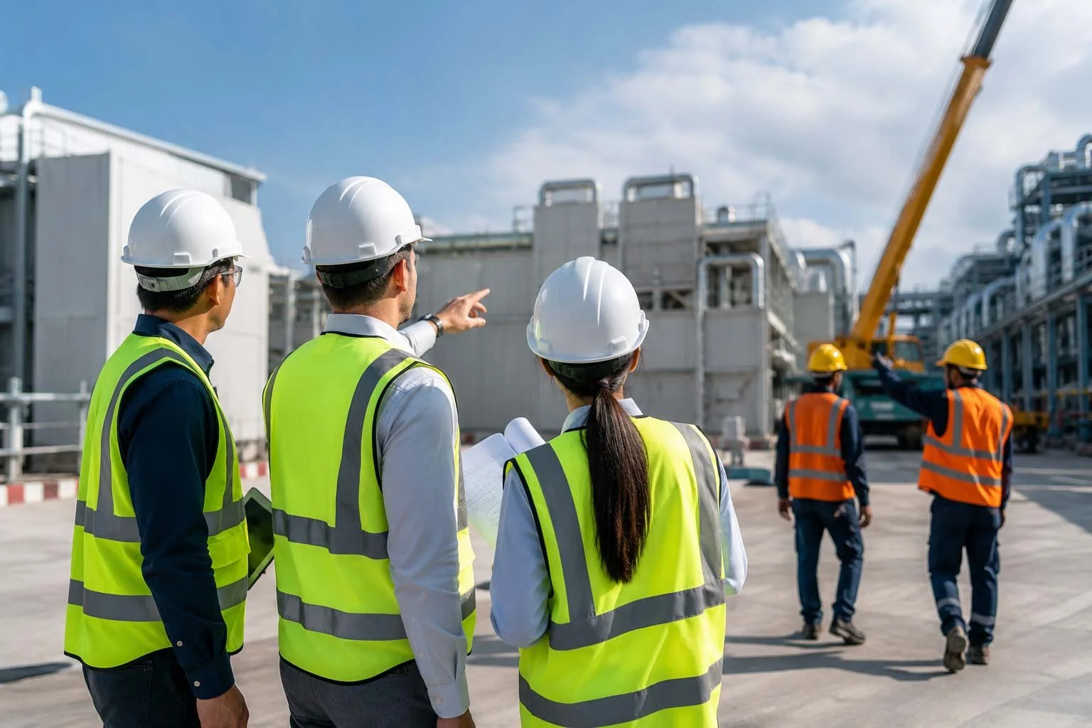Construction workers and engineers wearing safety helmets and vests, inspecting an industrial site with machinery and a crane on a sunny day.