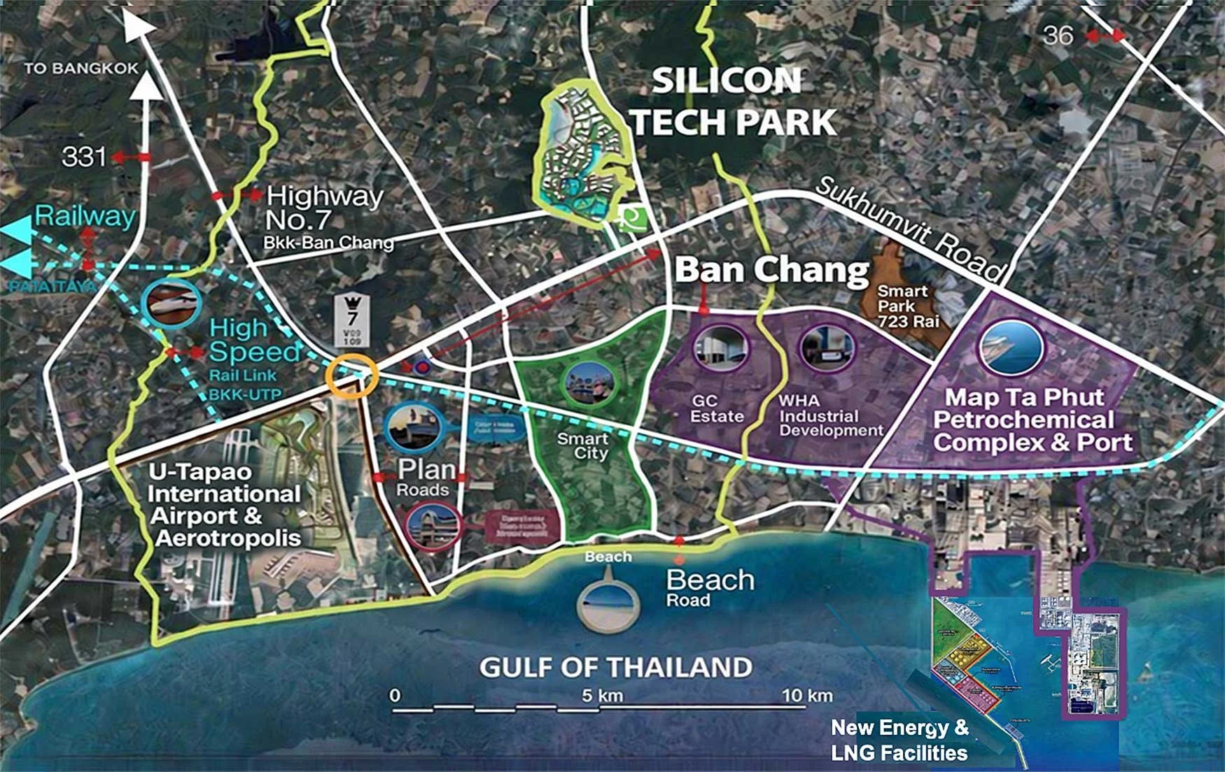 Map of the coastal area in Thailand showing development projects including Silicon Tech Park complex, airport, and industrial zones, with key roads, railway, and Gulf of Thailand coastline.