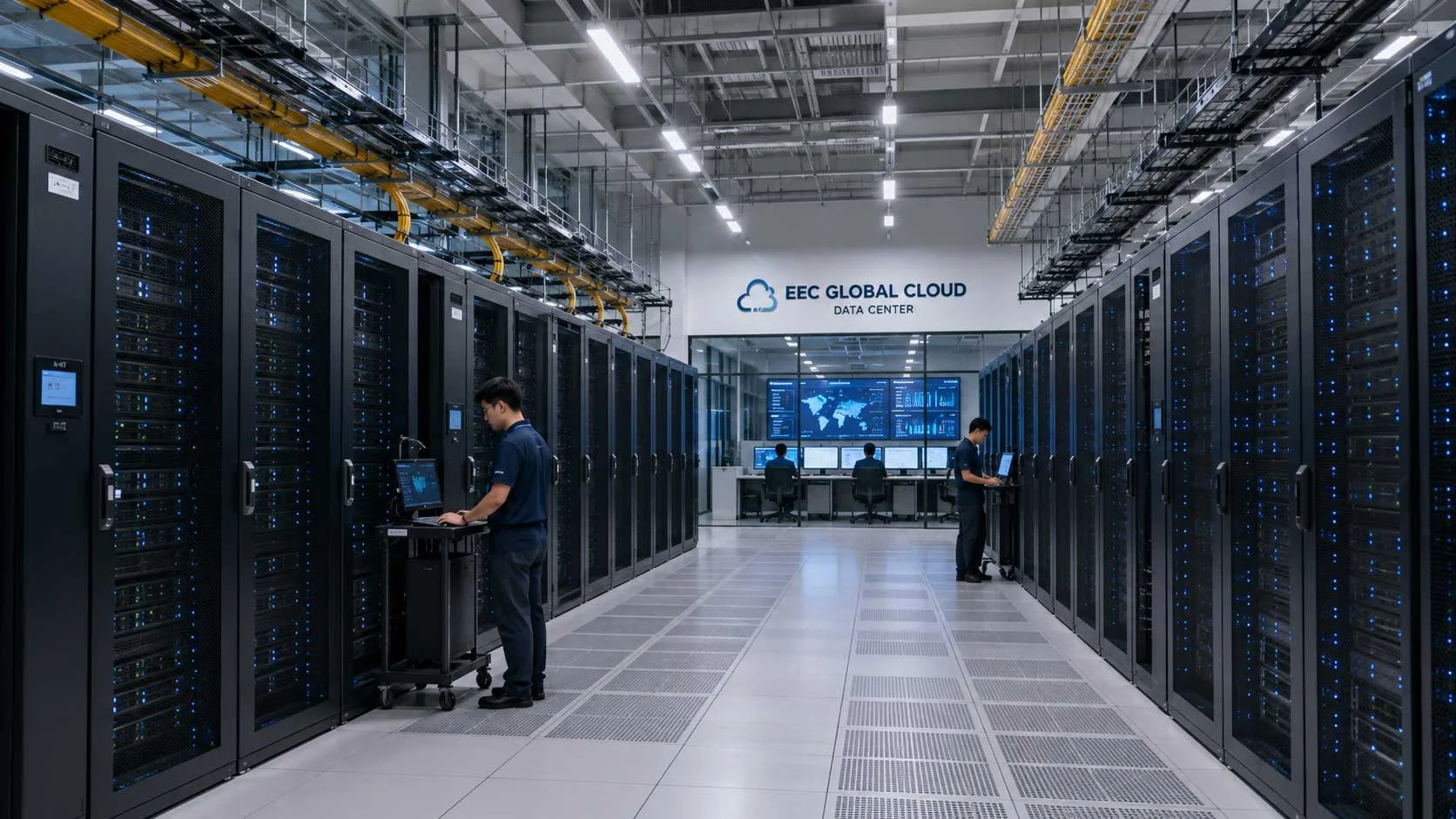 Inside a modern data center with rows of server racks, technicians working at laptops, large screens on the wall displaying world maps and data analytics, and a sign that reads 'EEC Global Cloud Data Center'.
