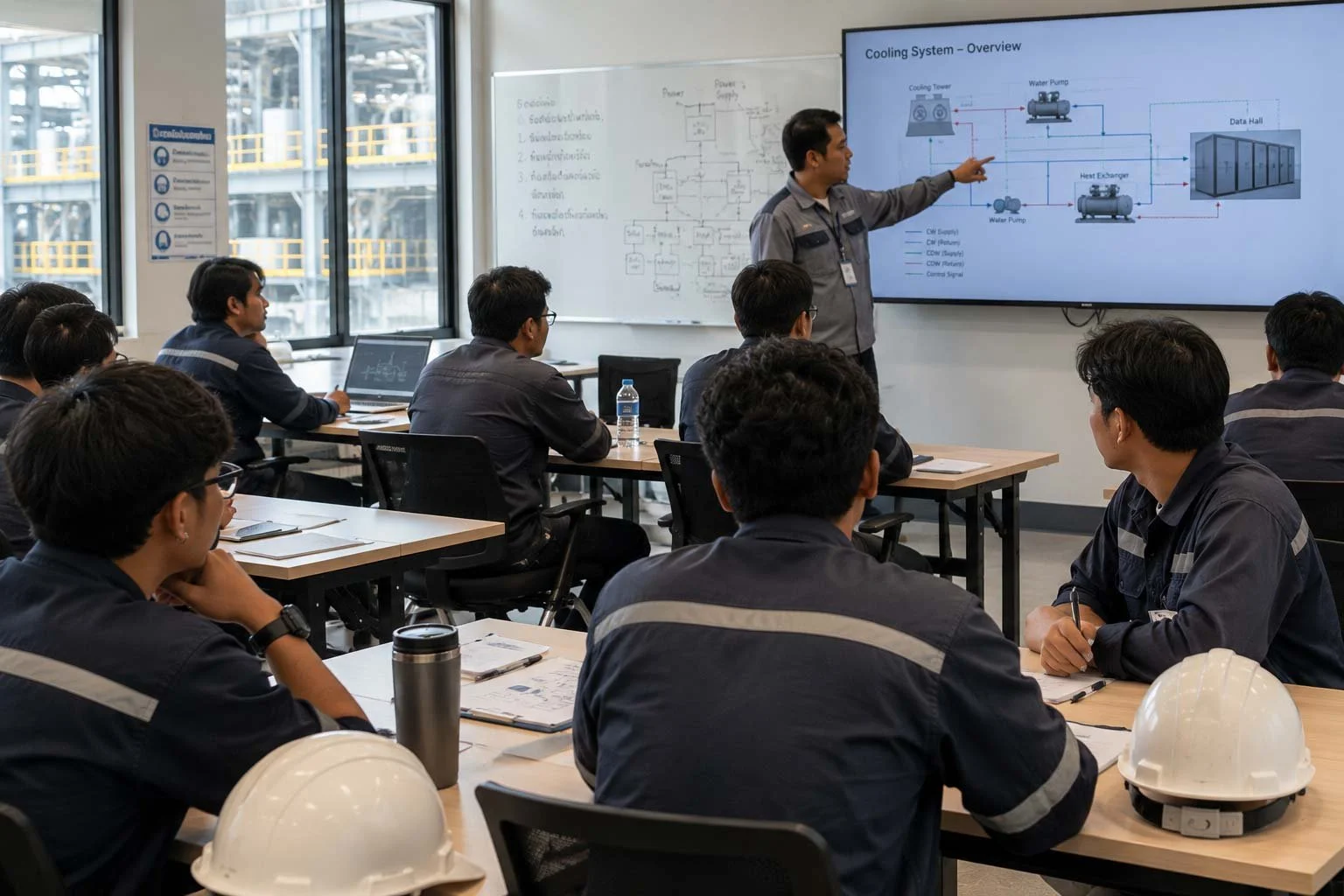 A group of workers attending a technical training session in an industrial setting. The instructor is pointing at a digital display showing a cooling system diagram. The attendees are seated at tables with notebooks, pens, and white safety helmets in front of them.