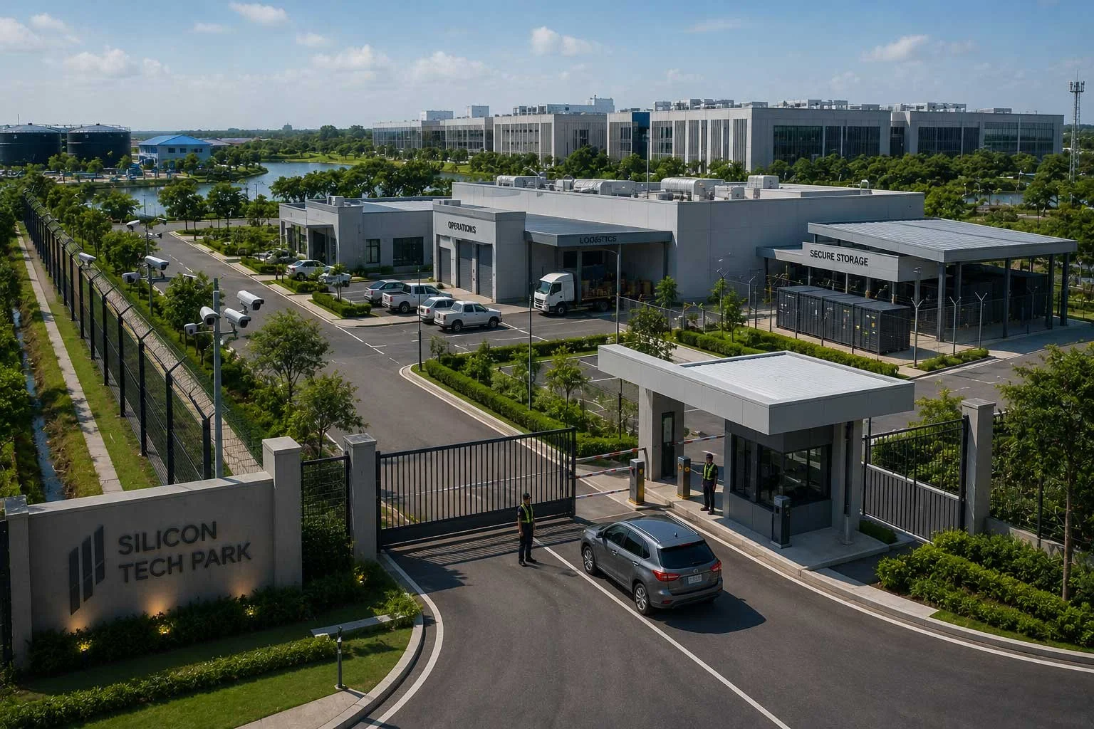 Entrance gate to Silicon Valley Tech Park with security guard and a car passing through. The park has multiple buildings, parking lots, surveillance cameras, and greenery.