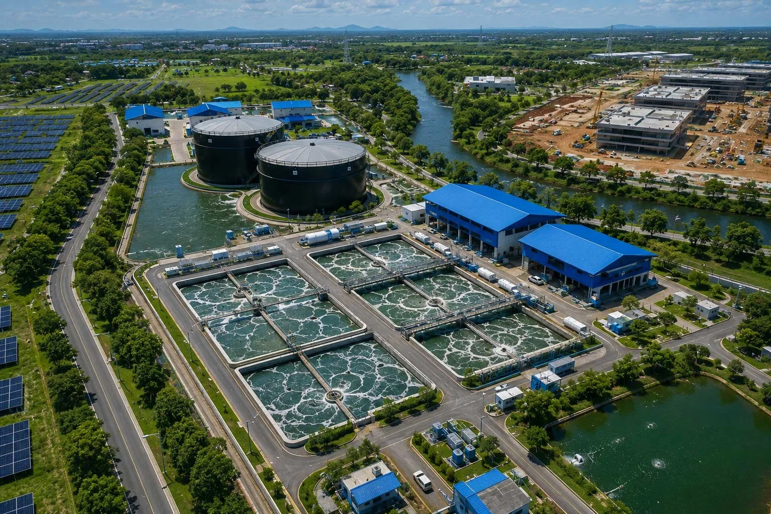 Aerial view of Silicon Tech Park's water treatment plant, surrounded by roads, trees, solar panels, and a river in the background.