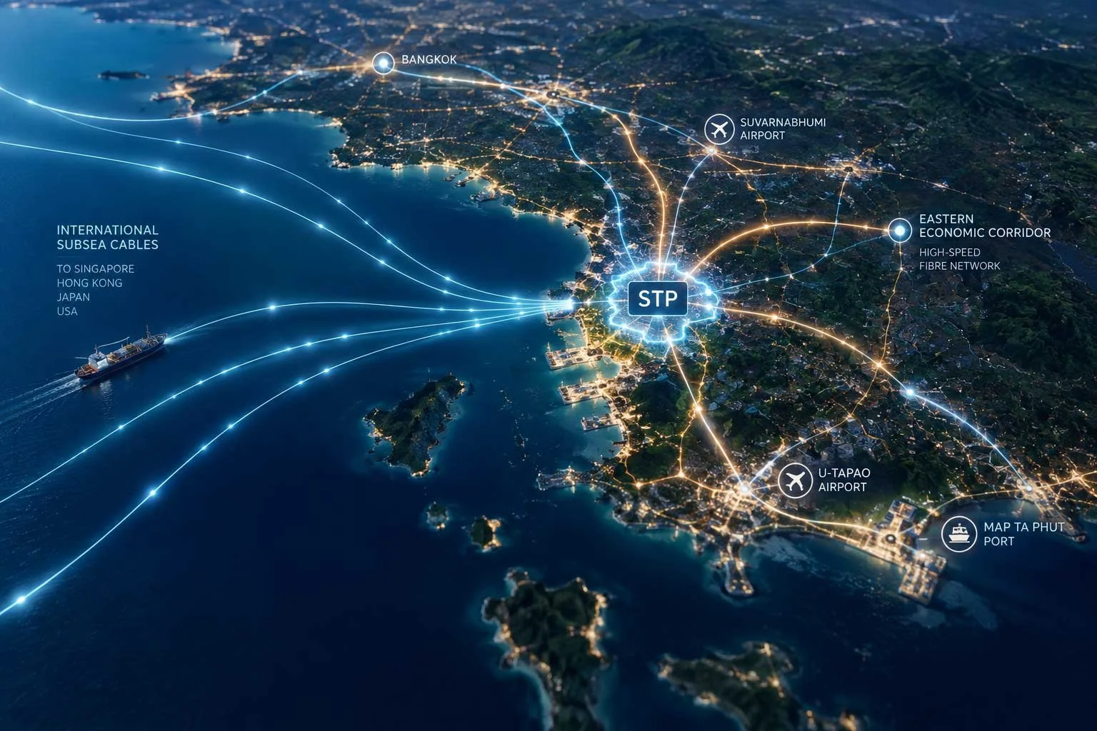 A digital map of Thailand highlighting key locations such as Bangkok, Suvarnabhumi Airport, U-Tapao Airport, and Map Ta Phut Port. It shows connections through undersea cables and high-speed fiber network, with visual representations of city lights and water bodies.