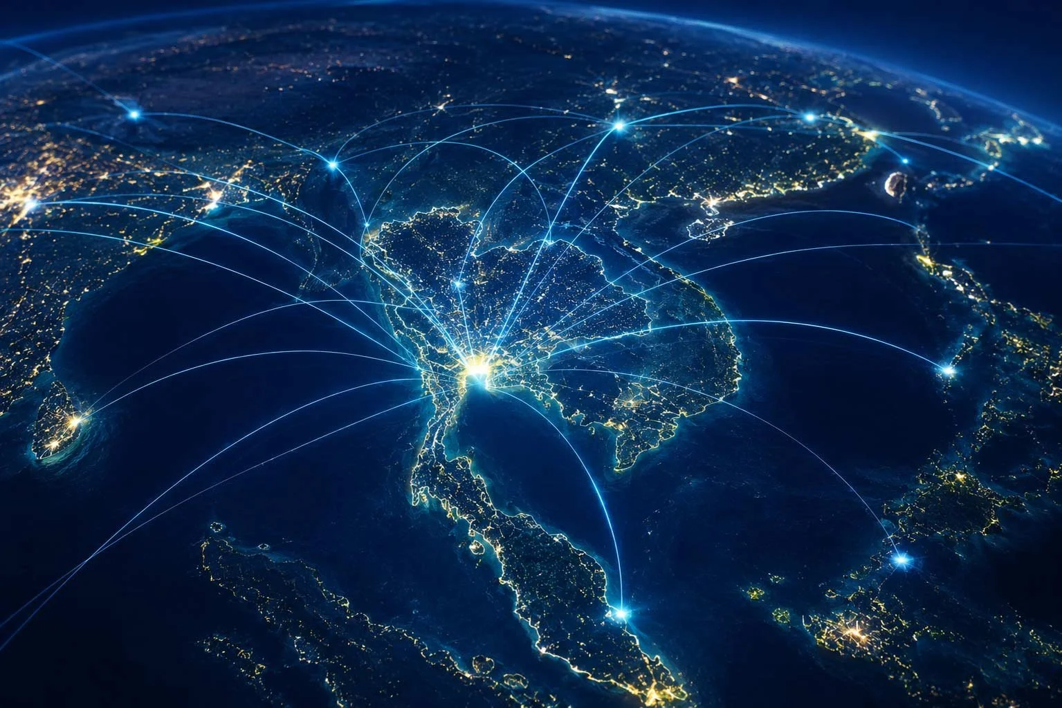 A satellite view of Earth at night showing illuminated countries in Asia and surrounding regions, with lines representing global telecommunications and data connections.