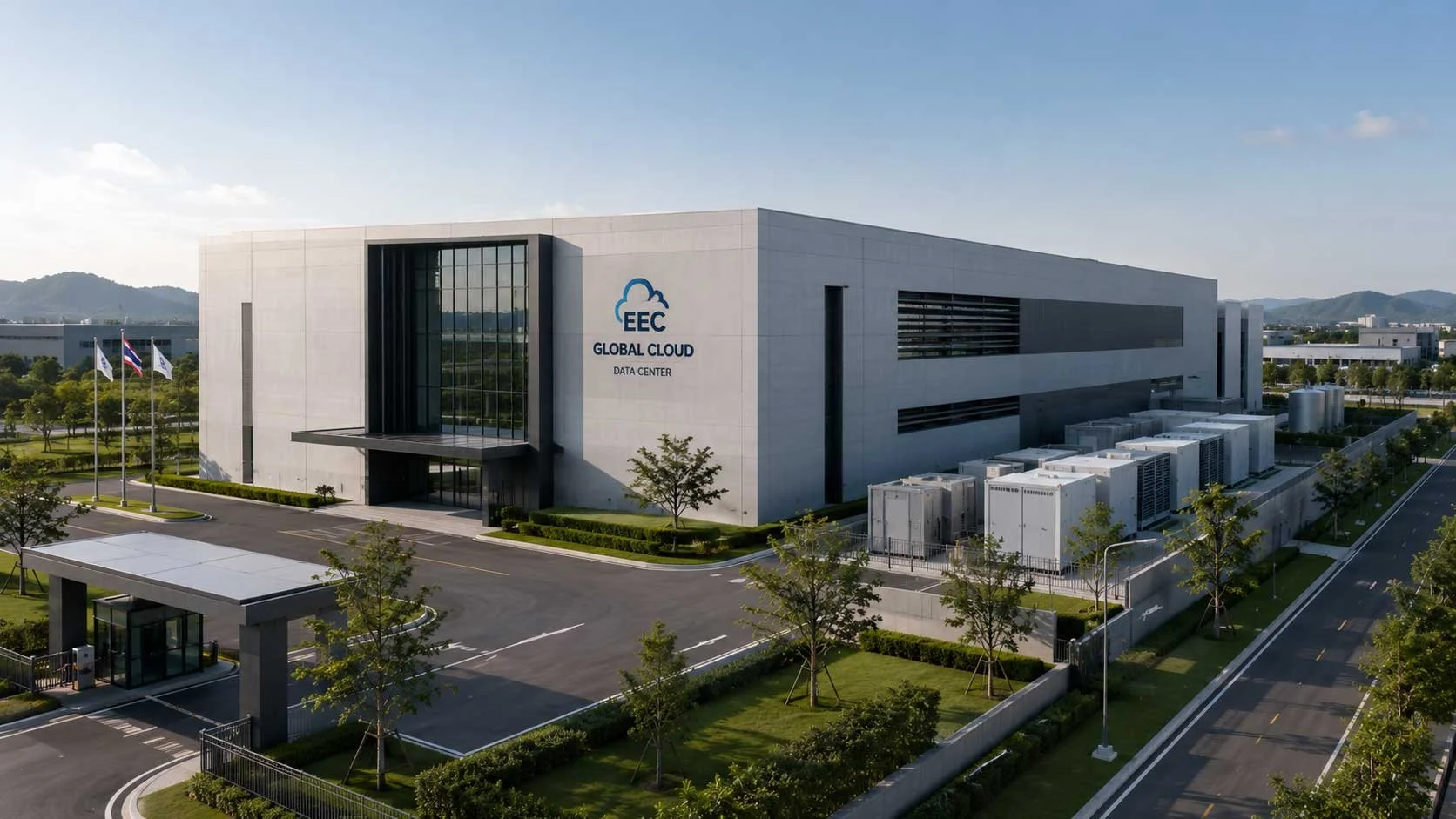 Large modern data center building with a sign reading 'EEC Global Cloud Data Center'. The building is surrounded by trees, parking areas, and flags, with mountains visible in the background.