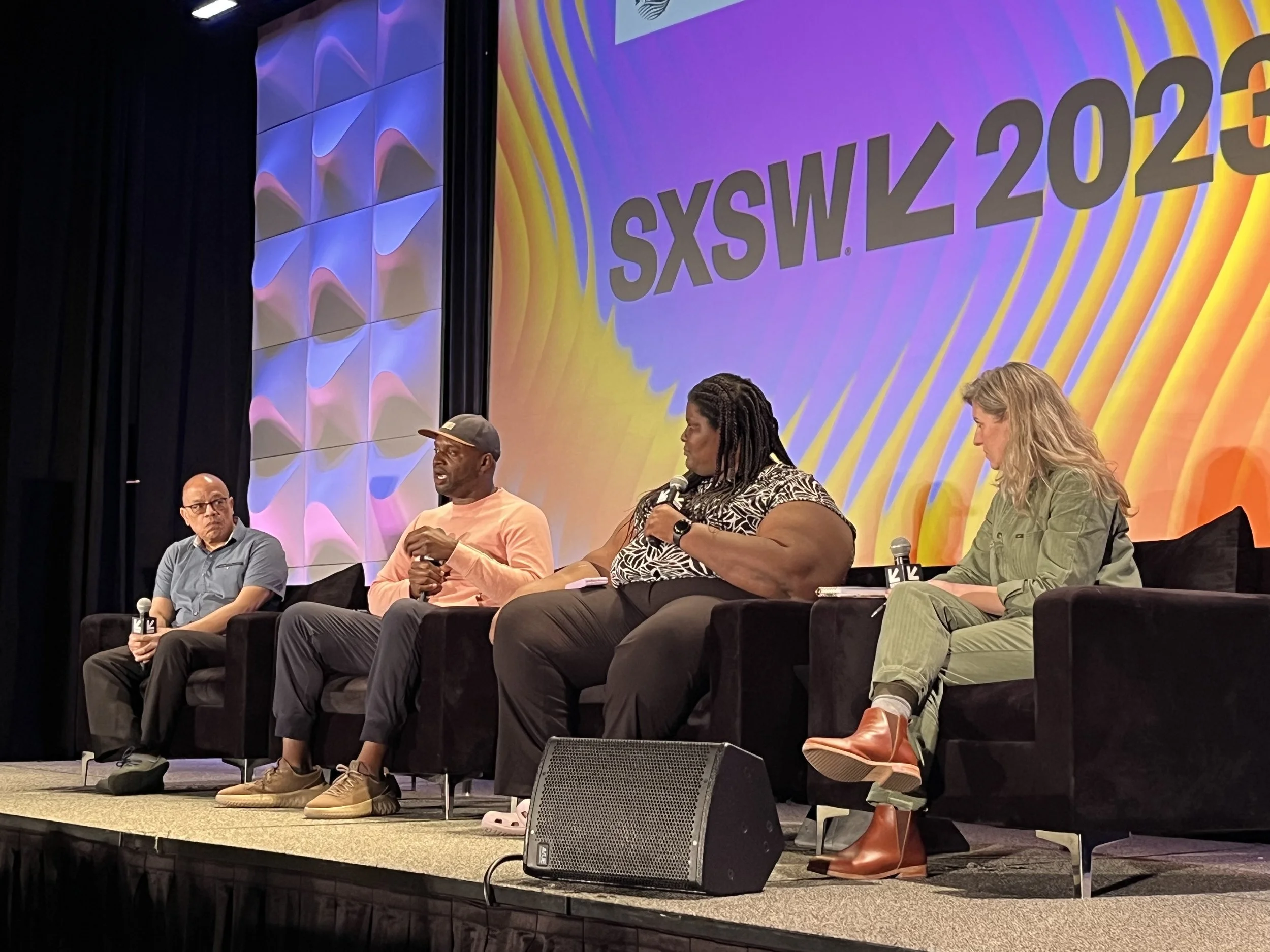 Jeffrey Robinson, Javier Wallace, Corisha Rogers and Kate Woodsome speak in Austin, Tex. at the 2023 SXSW Conference during the featured session: "Why is America Afraid of Its (Black) History?" on March 13, 2023.