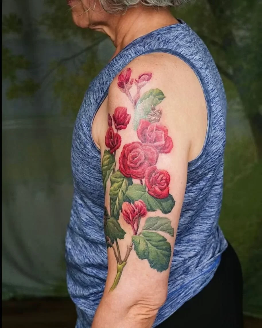 &ldquo;If I&rsquo;m going to put something permanent on my body, I want a beautiful piece of art so here I am!&rdquo; 

This is George Ann. She wanted a tattoo inspired by the Grateful Dead songs that have stayed with her over the years.

In her word