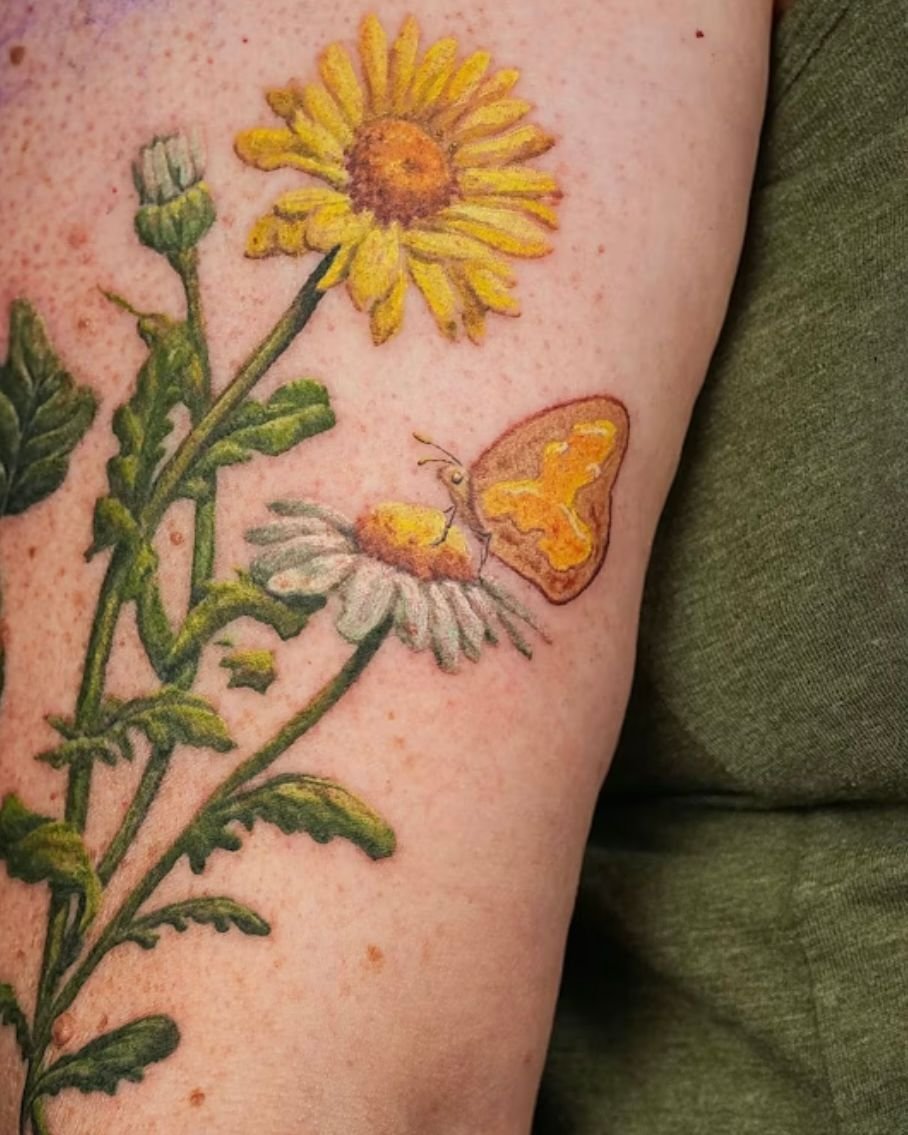 Some tattoos aren&rsquo;t meant to be finished in one session.

These are progress shots from the first two sessions of a larger piece with Tina. Daisies and a &ldquo;bread and butterfly&rdquo; from Alice in Wonderland came first, followed by a hawth