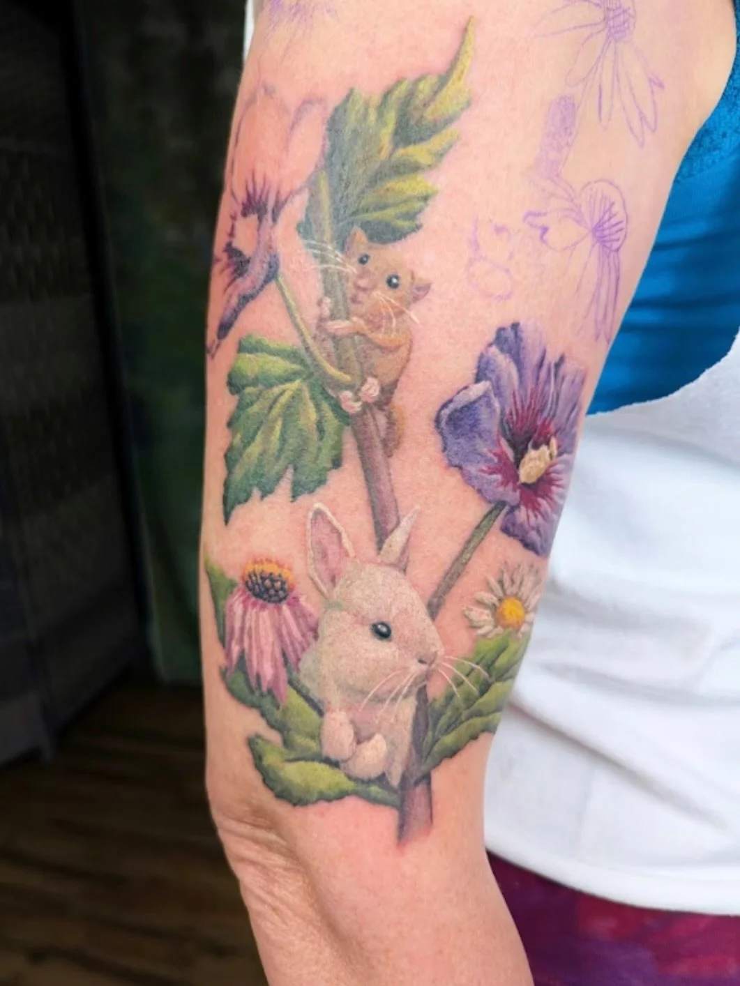 You&rsquo;re back! This is George Ann. If you follow me you have followed her journey with her Grateful Dead scarlet begonias and a cicada on one arm. Now the other arm is getting her Alice in Wonderland story!🥀🐰

We started at the bottom and are w