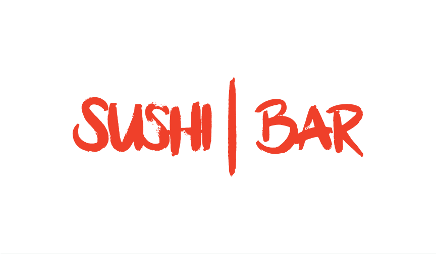 Logo for a sushi bar with the words "SUSHI BAR" in red, handwritten font, separated by a vertical red line.