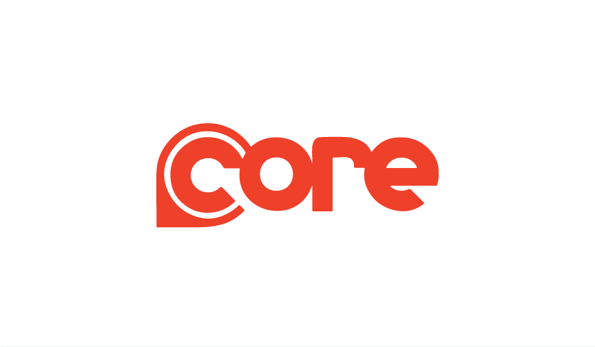 The logo features a stylized black human head silhouette with a red gear inside the brain area and the word 'core' in bold, red font beneath it.