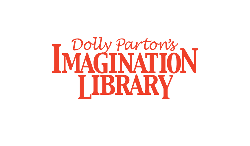 Logo for Dolly Parton's Imagination Library with black background and red text.
