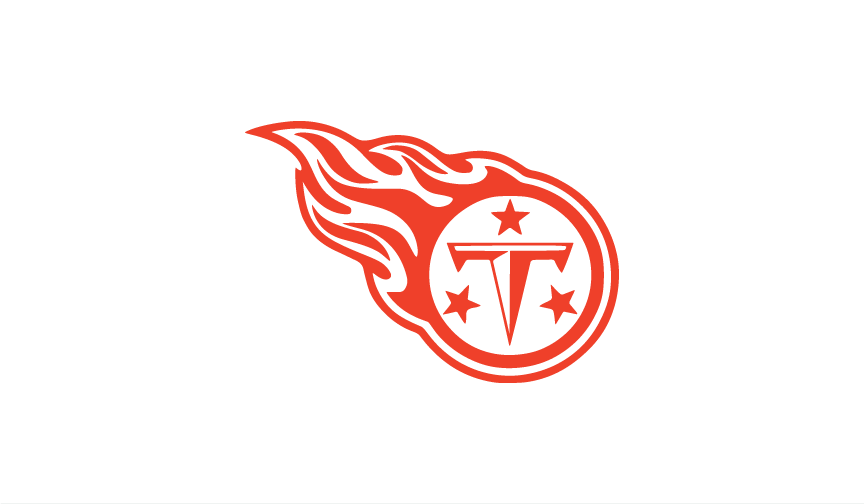 A red flaming graphic with a circular emblem inside containing the letter T and three stars, associated with the Tennessee Titans football team.
