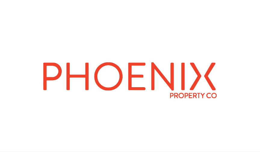 Logo for Phoenix Property Co, featuring bold red text with a stylized phoenix icon above.