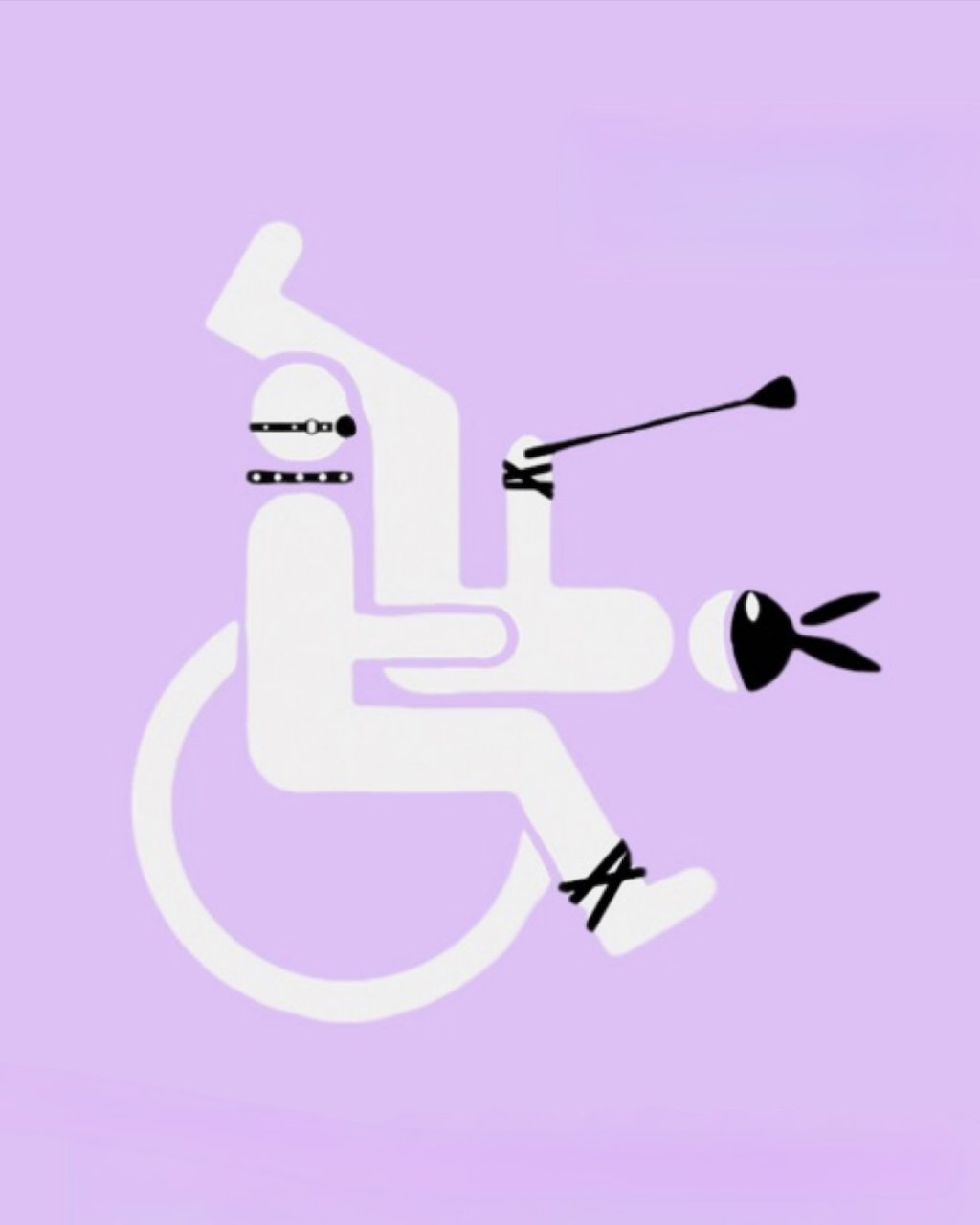 A minimalist figure of a person seated in a wheelchair, wearing a ball gag, collar, and rope around the ankles. Another figure is on the first figure’s lap. This figure is wearing a bunny mask and holding a riding crop.