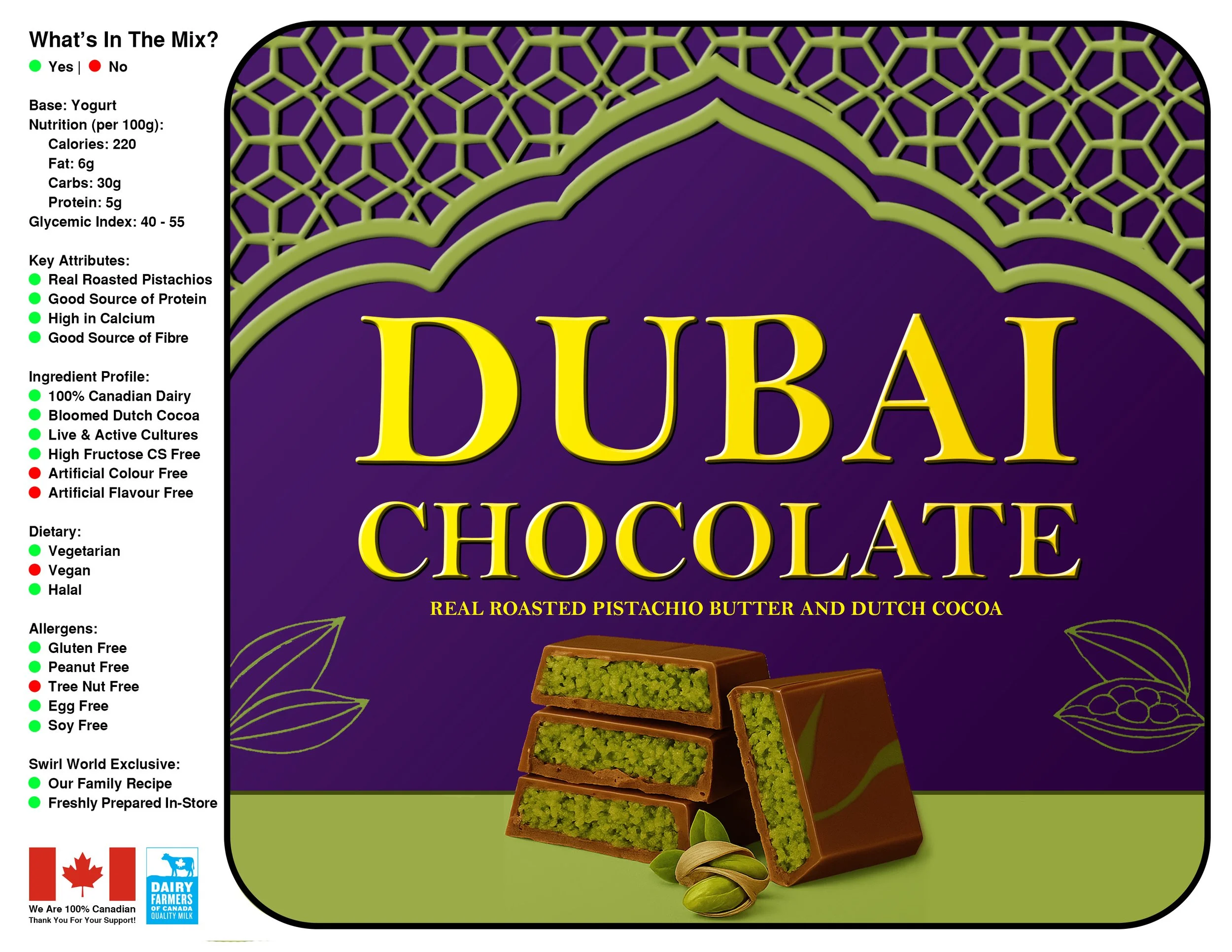 Swirl World Dubai Chocolate flavour label and nutritional information