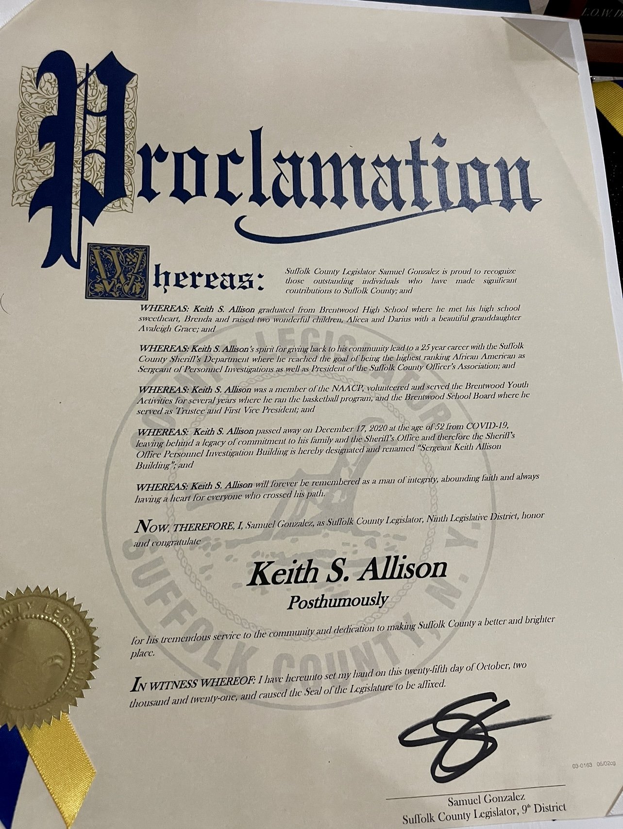 Recognition Presented by Suffolk County Legislator