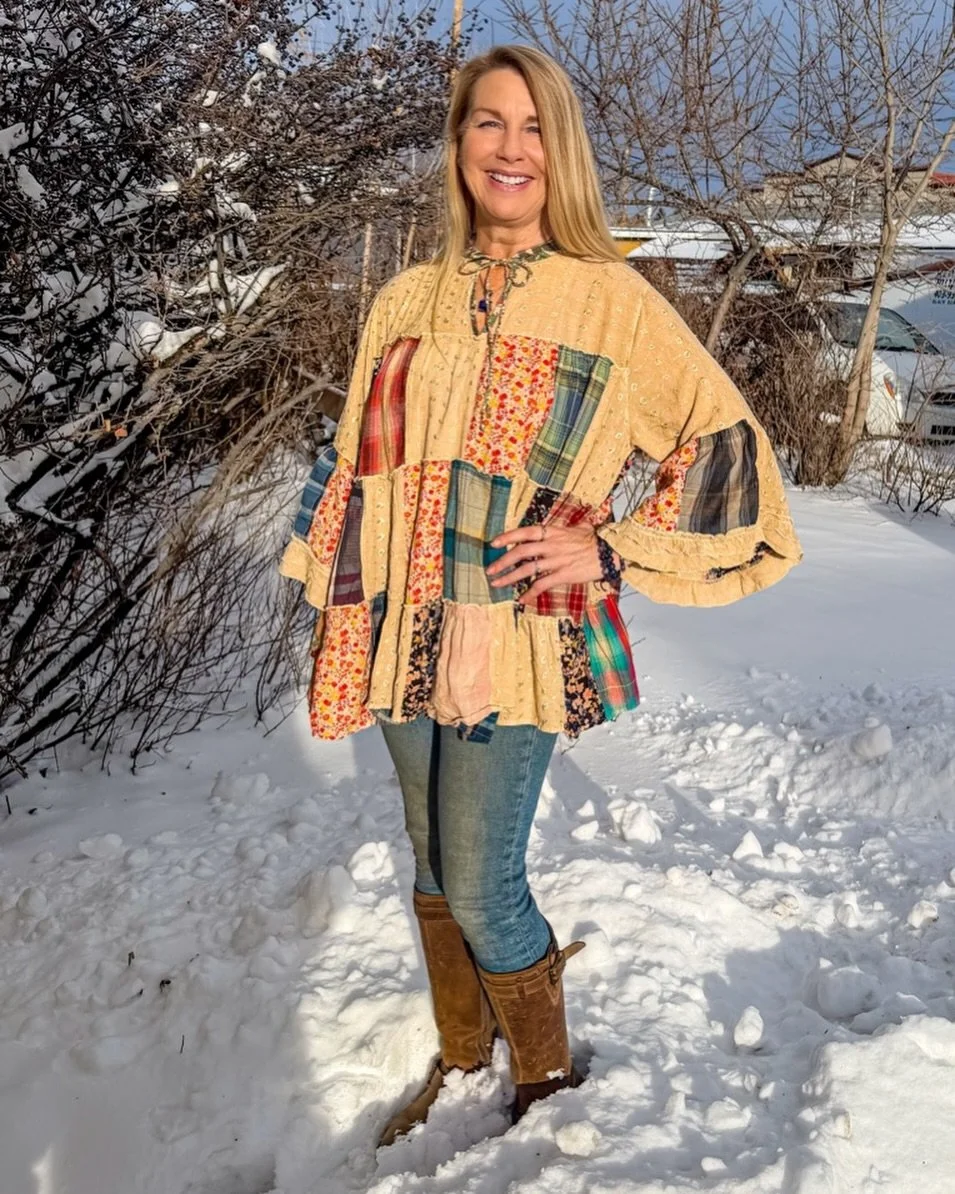 Winter light dances across every patch, every stitch telling its own story.
A little prairie soul, a little wanderer&rsquo;s heart &mdash; wrapped in warmth, colour, and quiet magic.
This is what we love most: pieces that feel lived-in, loved, and fu