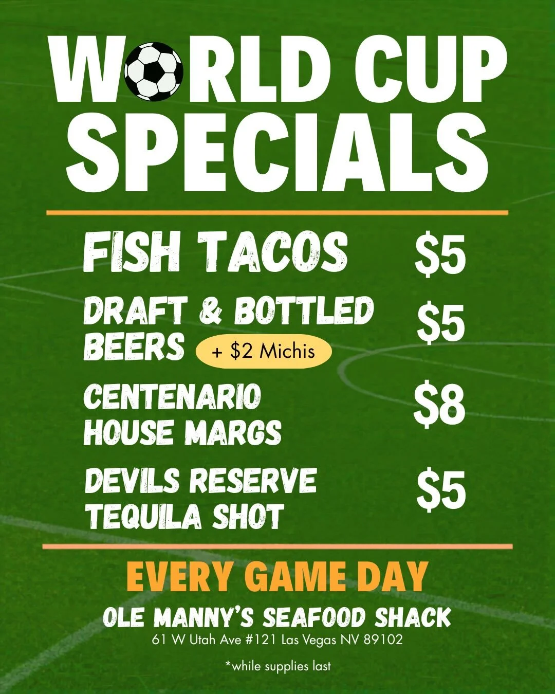 ⚽️🏆 THE WORLD CUP STARTS HERE! 🏆⚽️

Join us at Ole Manny&rsquo;s Seafood Shack for the first World Cup match as 🇲🇽 Mexico takes on 🇿🇦 South Africa at 12 PM!

Doors open at 11 AM, so come early, grab a seat, and enjoy our Game Day Specials:

🌮 