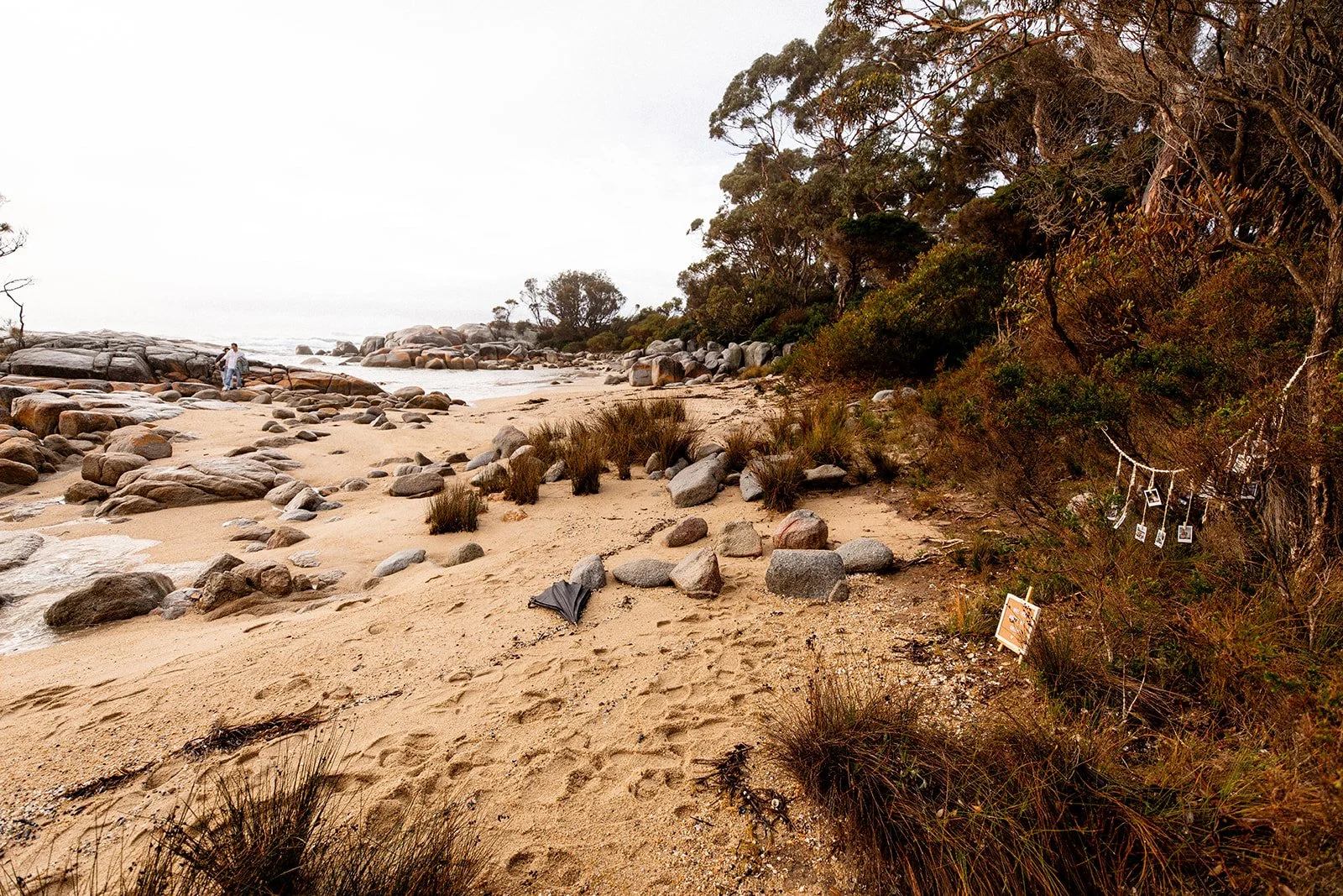 Secluded sandy beach with rocky shoreline and coastal bushland in Tasmania