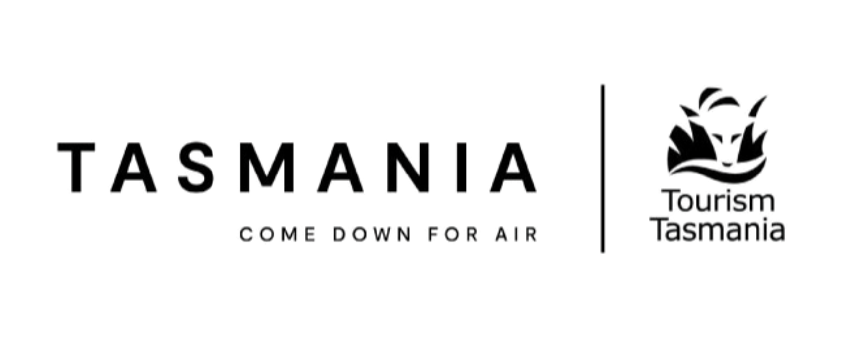 Tasmania tourism logo with the slogan "Come Down for Air" and a stylized image of a Tasmanian devil.