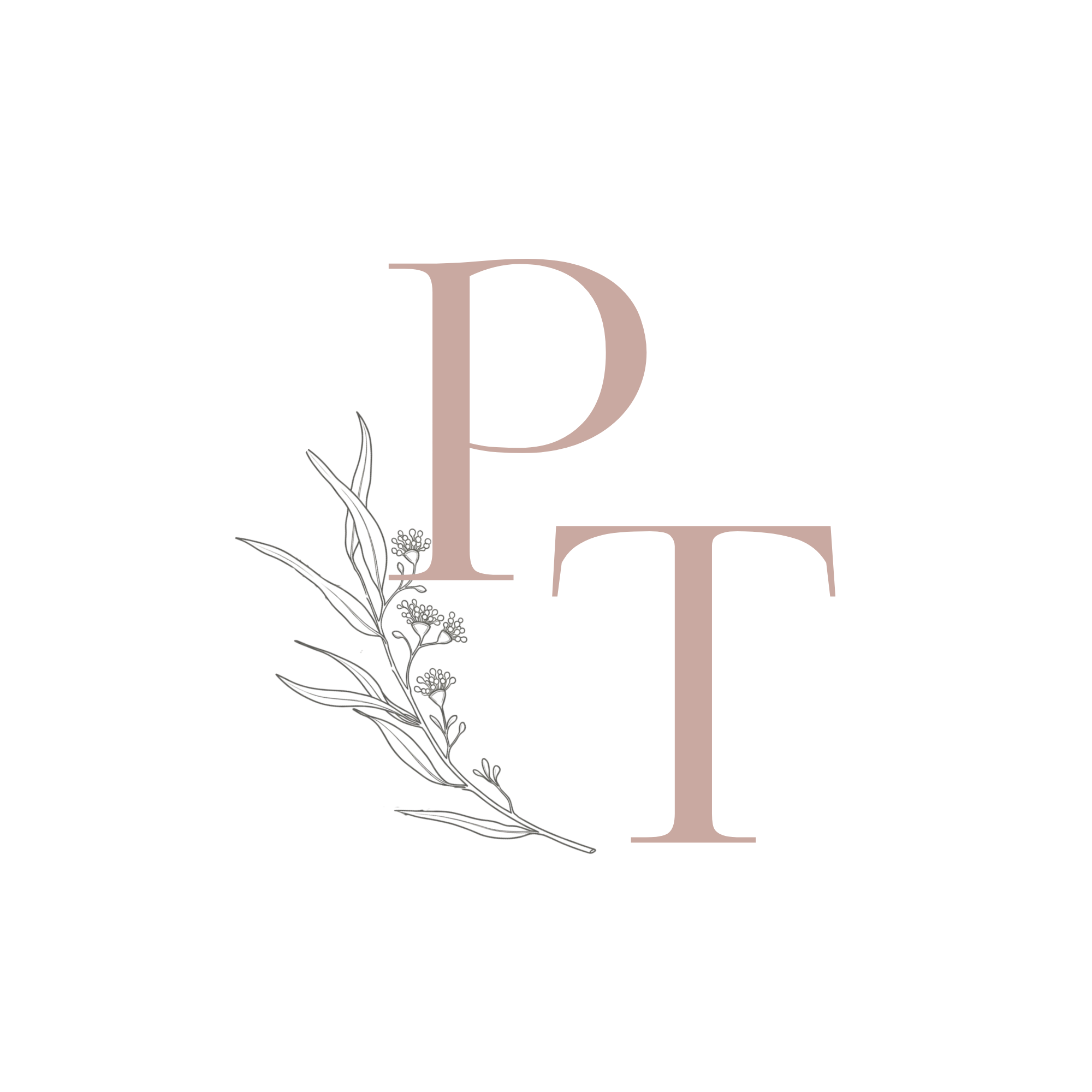 Stylized pink letter 'P' with black and gray botanical illustrations on a black background.