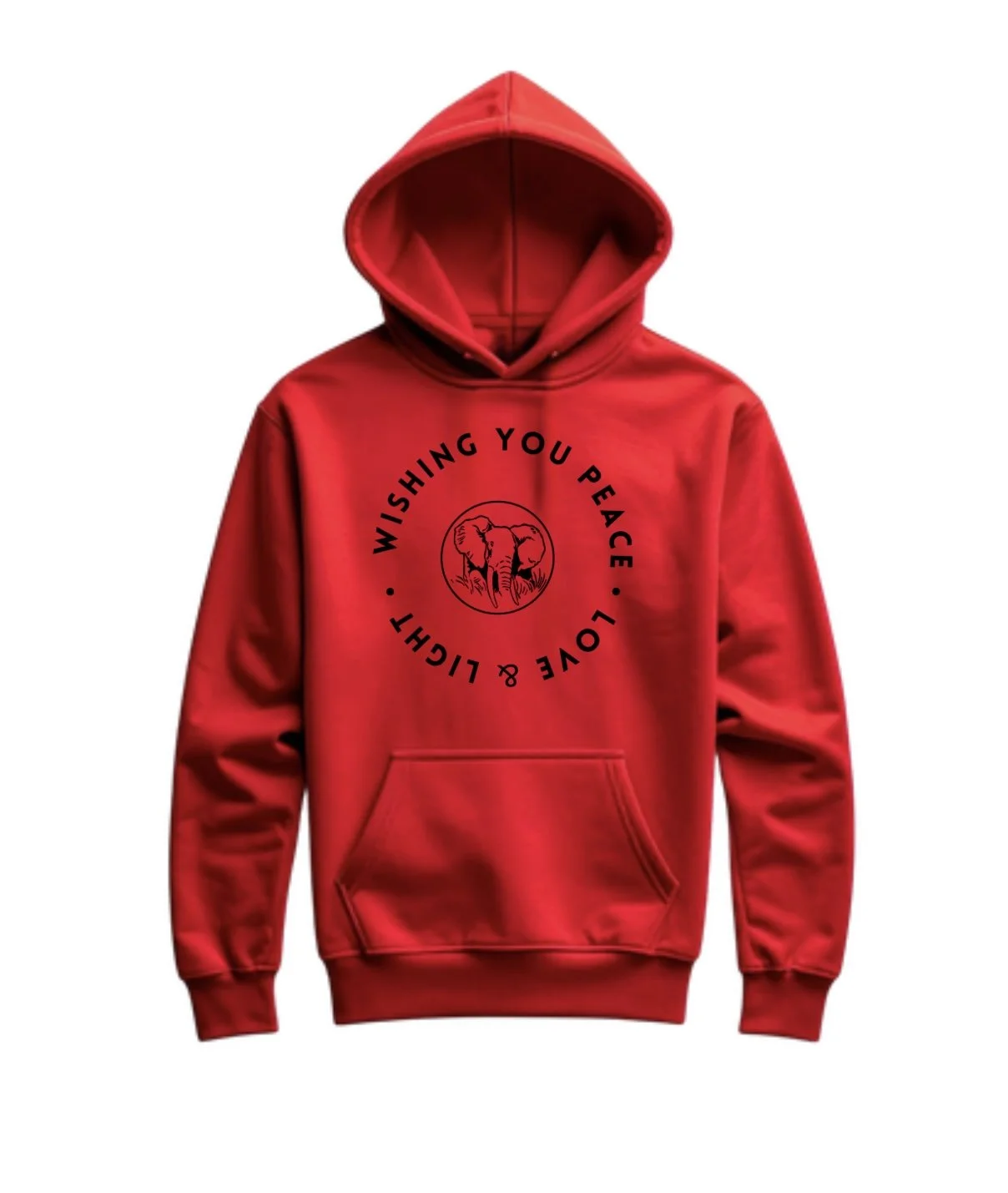 Wishing You Peace, Love & Light hoodie with elephant symbol representing abundance, protection, and healing.