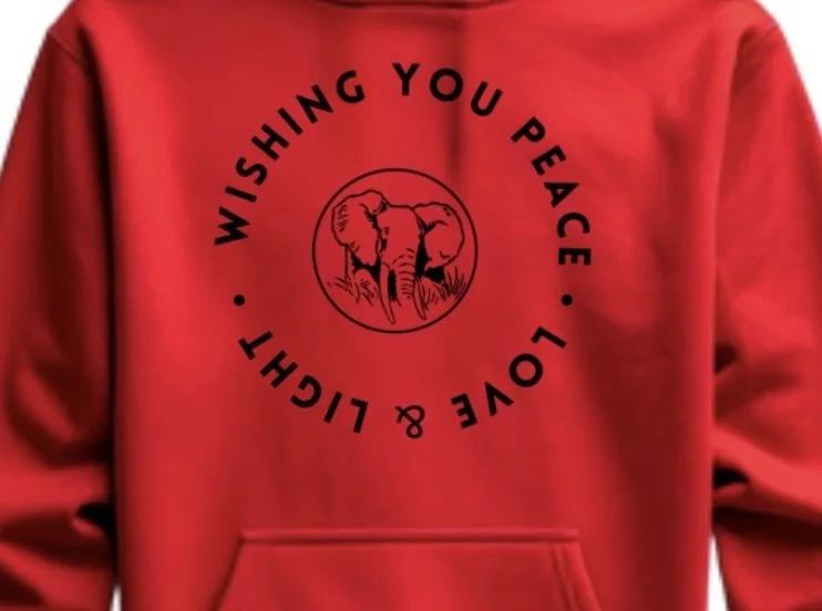 Close-up of elephant graphic and Peace, Love & Light message on spiritual unisex hoodie.