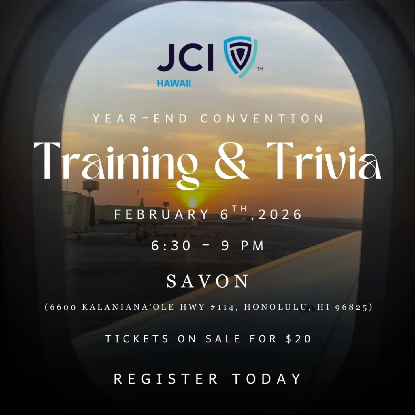 🛫 **Attention passengers, this is your captain speaking&hellip;**
Welcome aboard JCI Hawaii&rsquo;s Year-End Convention Flight&mdash;with nonstop service to  leadership, service, and celebration 🌺

**🗓 Friday, Feb. 6**
🎓 **Training Seminar + Triv
