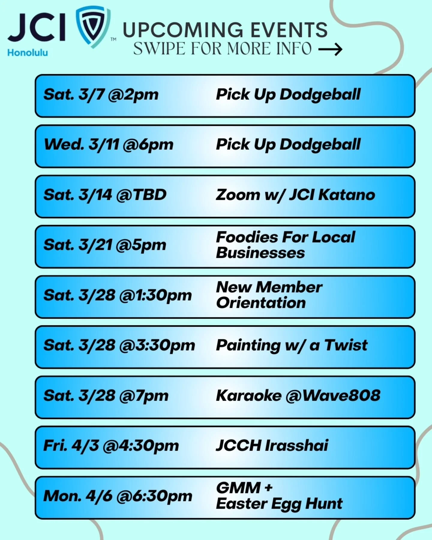 Check out our upcoming events this March!

If you're interested in attending check out our instagram bio. All our links for sign ups will be in our linktree. 

We hope to see you there!