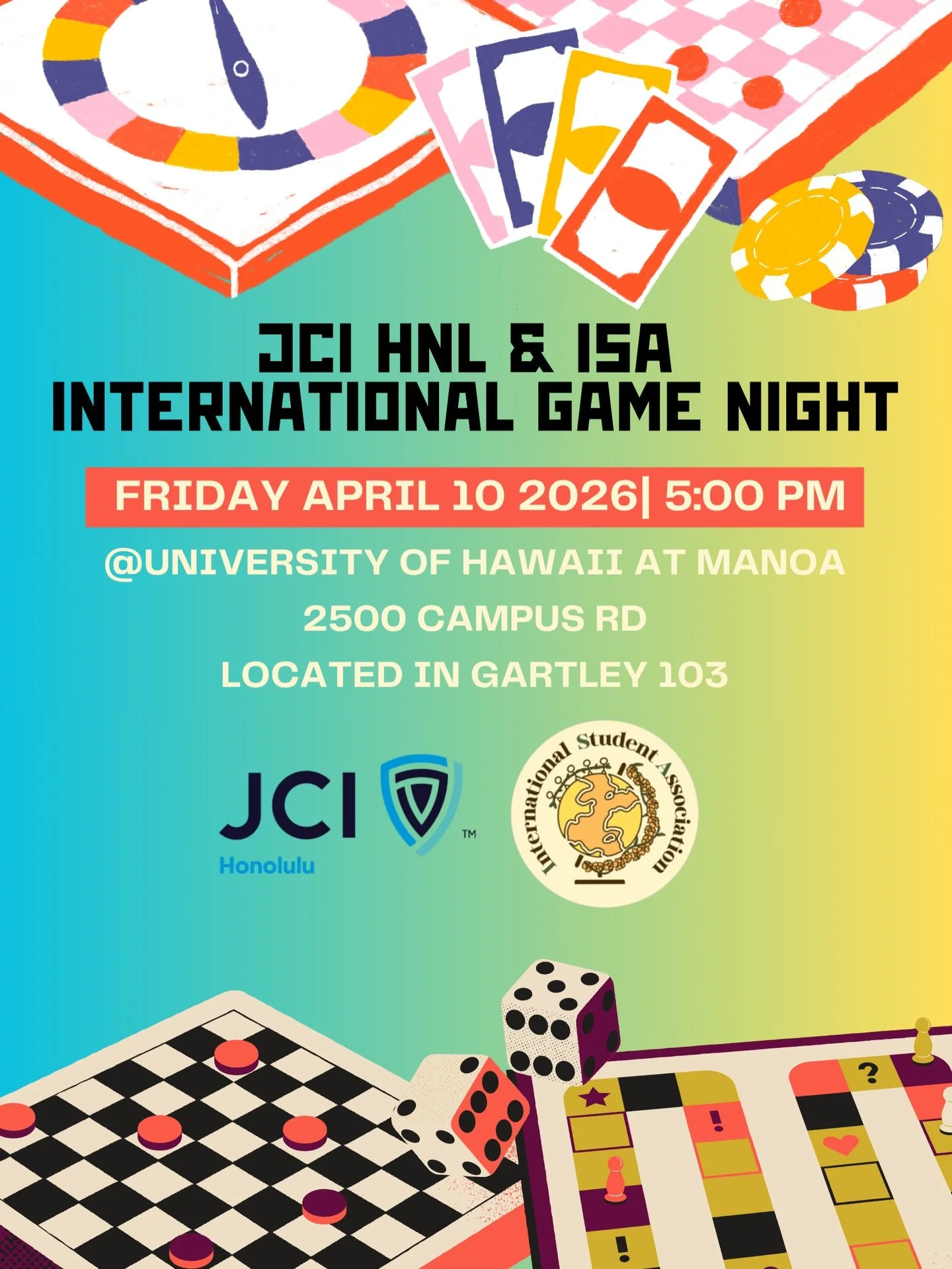 Join us for a fun game night with the students from the International Student Association at UH Manoa. Meet and connect with students over games and other activities. Feel free to bring your own games to share as well!

Friday April 10, 2026
5:00pm-7