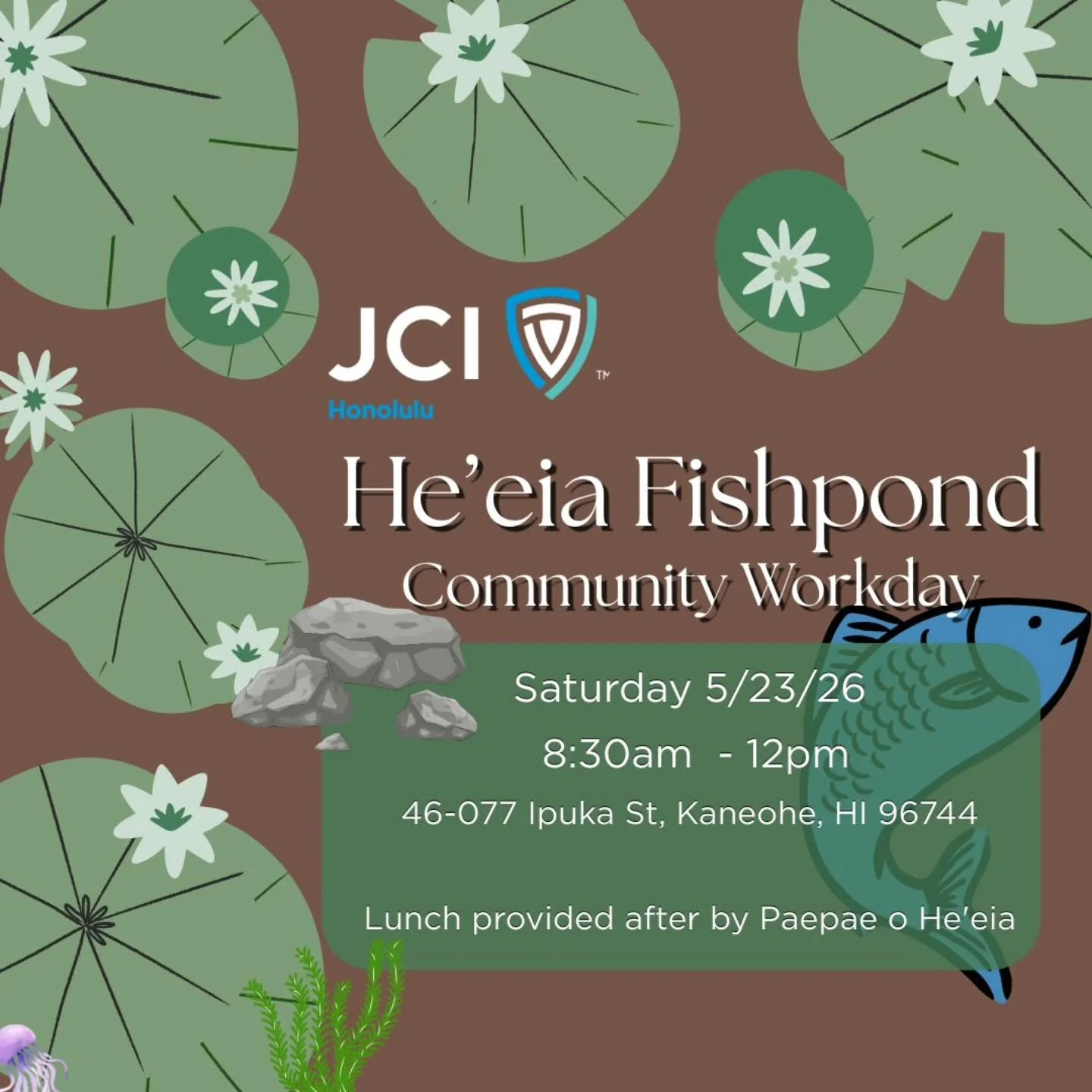 E komo mai and E hui mai. 

Please join us for our community work day with the care takers of the He'eia Fishpond, nested in He'eia on Oahu. Come and experience and be one with Aina. 

Saturday
Saturday, May 23, 2026 
8:30 AM - 12:00 PM

Tasks may in