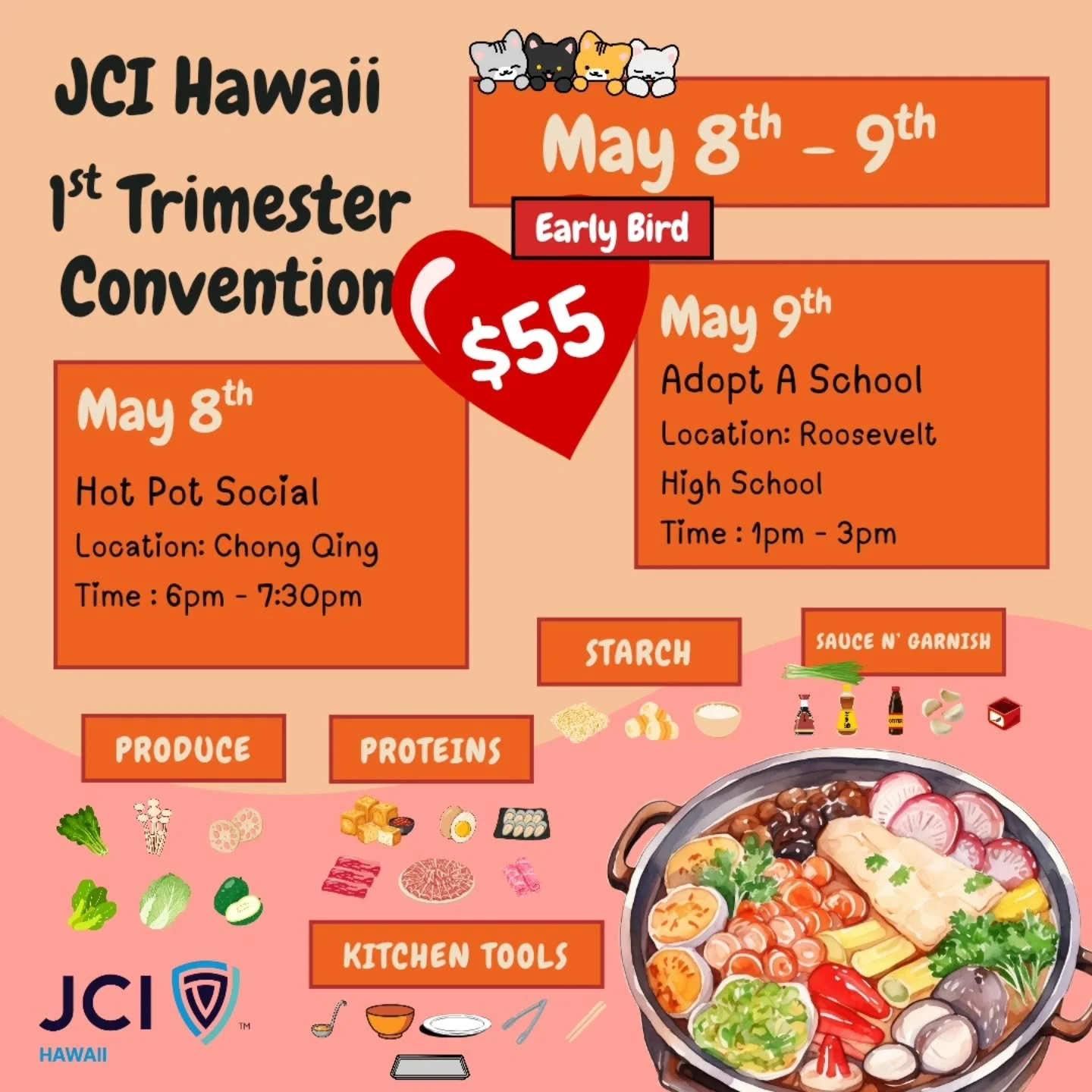 *Tickets now available* Forr JCI Hawaii's 1st Trimester convention, hosted by JCI Honolulu

Come enjoy a stomach filling hot pot dinner social at Chong Qing on Friday May 8th. 

Get your hands dirty, and your volunteer on with our Adopt A School comm