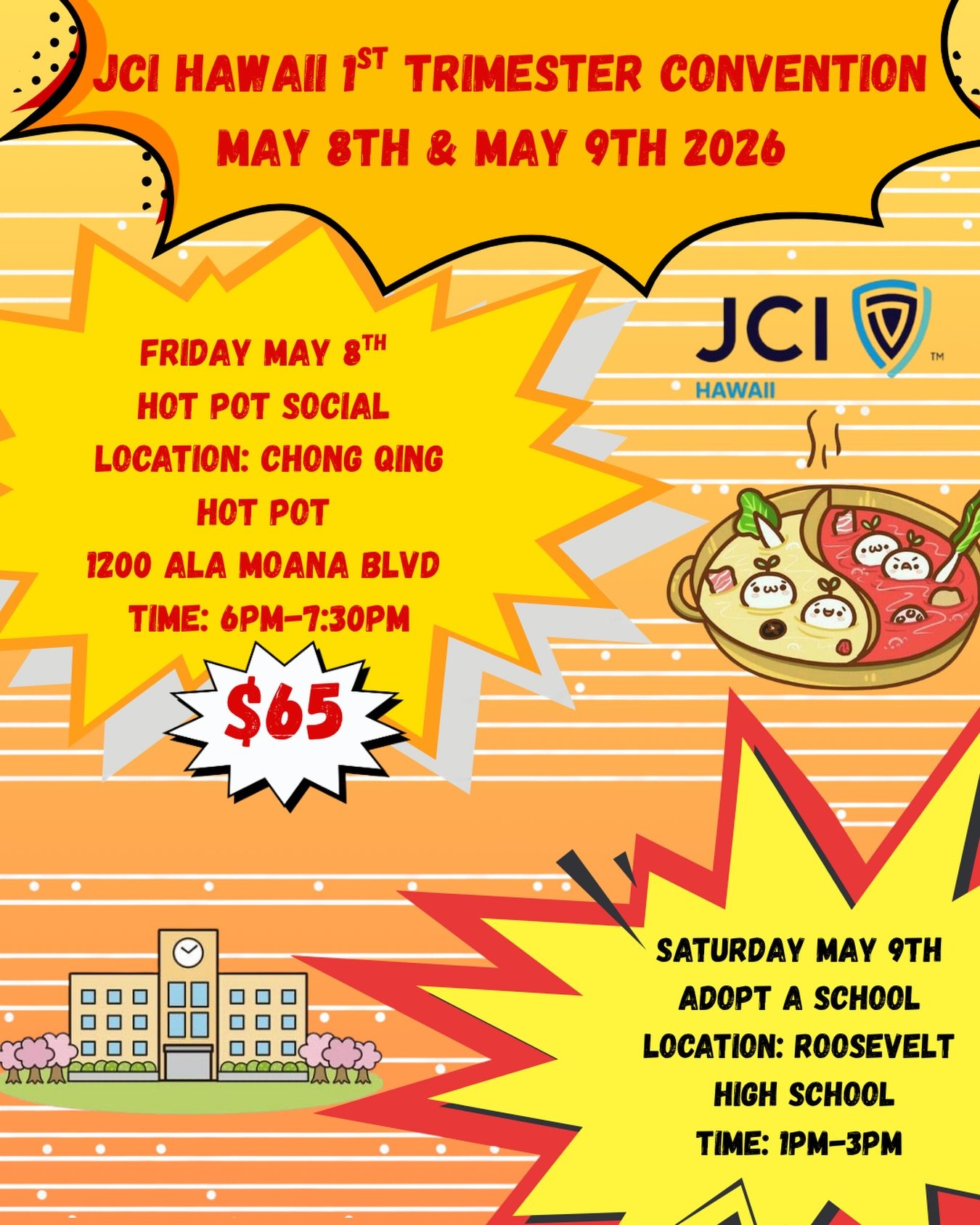 Hey~ still thinking of joining us for the 1st trimester convention? Tickets are still on sale! Get them on GlueUp through the link in our bio. 

Friday May 8th is a hot pot social to enjoy some good food and hangout with fellow jaycees 🥘😊

Saturday