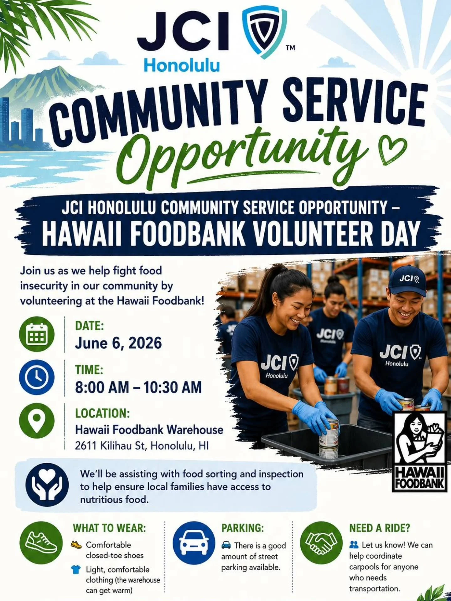 If you are free this weekend come join us at the Hawaii Food Bank to give back to the community!

SIGN UP IN OUR BIO 

📅 Date: June 6, 2026
⏰ Time: 8:00 AM &ndash; 10:30 AM
📍 Location: Hawaii Foodbank Warehouse
2611 Kilihau St, Honolulu, HI

We'll 