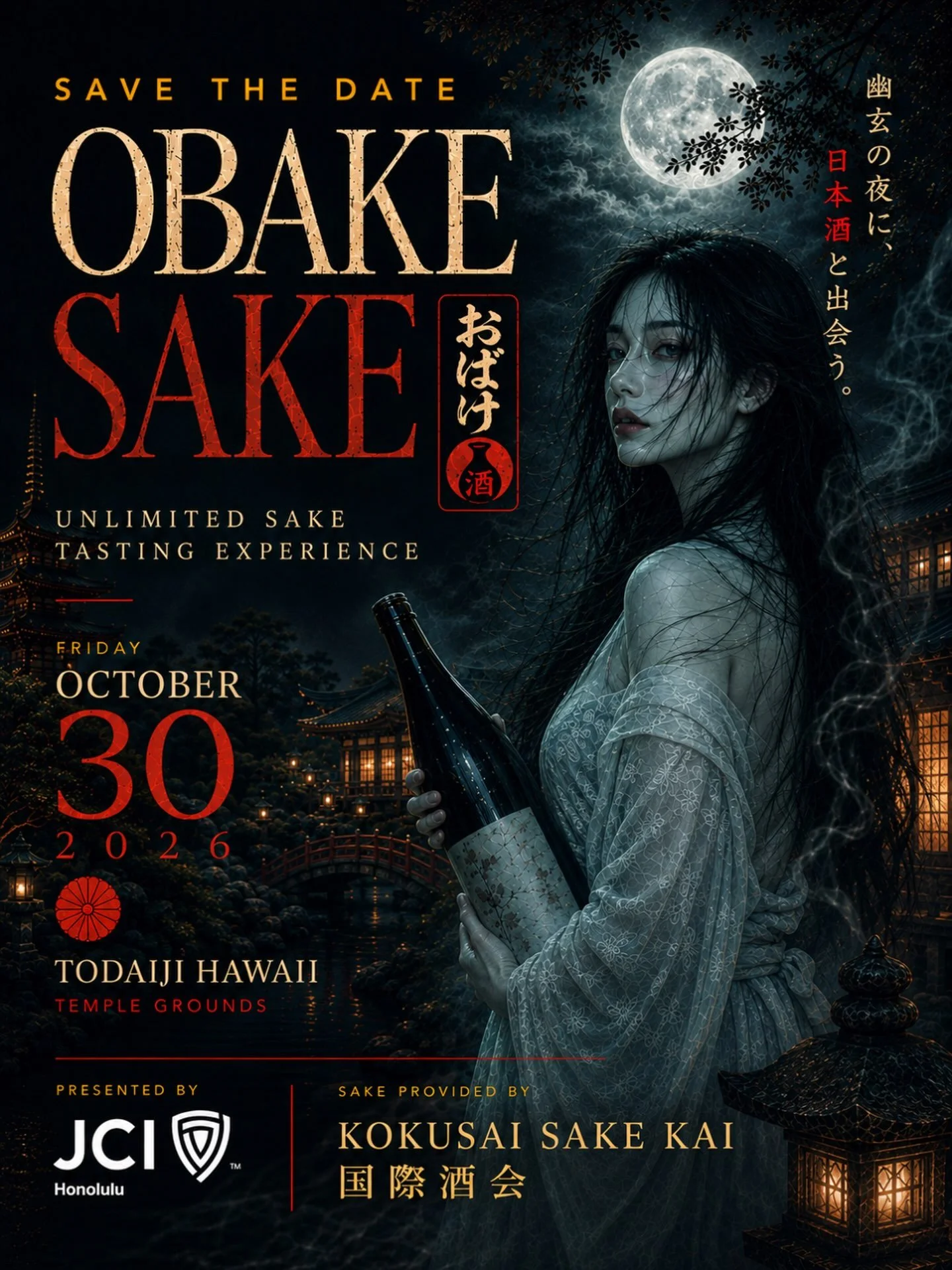 👻🍶 SAVE THE DATE: OBAKE SAKE 🍶👻

This Halloween season, step into an evening where Japanese spirits meet the supernatural.

JCI Honolulu invites you to Obake Sake, a sophisticated and slightly spooky unlimited sake tasting experience featuring a 